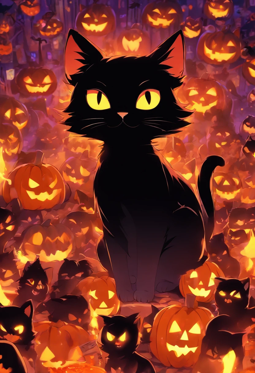 A close up of a cat surrounded by pumpkins and jack o lanterns - SeaArt AI