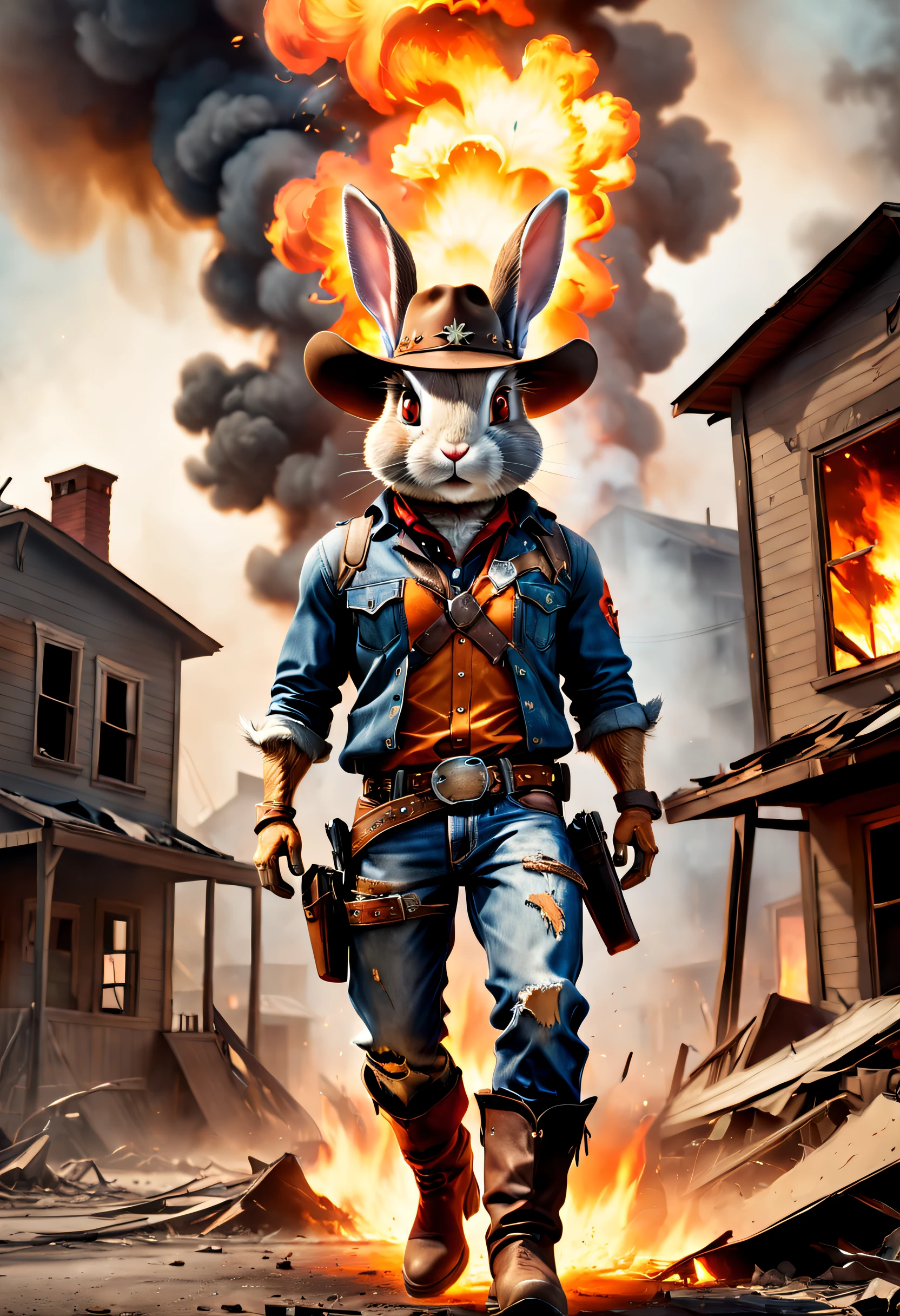 (Best quality, A high resolution, Ultra-detailed), A cowboy rabbit coming out of the flames, explosion background, Destroyed houses, Thick smoke,hdr, dusty atmosphere, fiery glow, Vivid colors, Demolished buildings, Intense action, A fiery explosion, Smoke, Expressive eyes and features, Sturdy cowboy hats, Shabby jeans, Leather boots, Stylish belt buckle, confident stance, battlefield, dynamicposes, surreal atmosphere, gritty texture, Dramatic lighting.