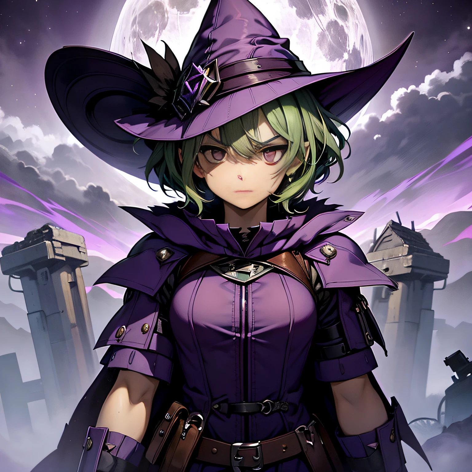 top-quality、extremely delicate and beautiful、(A teenage girl)、Purple Eye、Green hair、short-haired、(purple witch hat)、Purple tie、Tactical Vest、Soio、shortsleeves、Purple skirt、Purple Wizard Robe、Navel、is standing、Facing the front、Expression of hatred、Full moon night on background、Only eyes