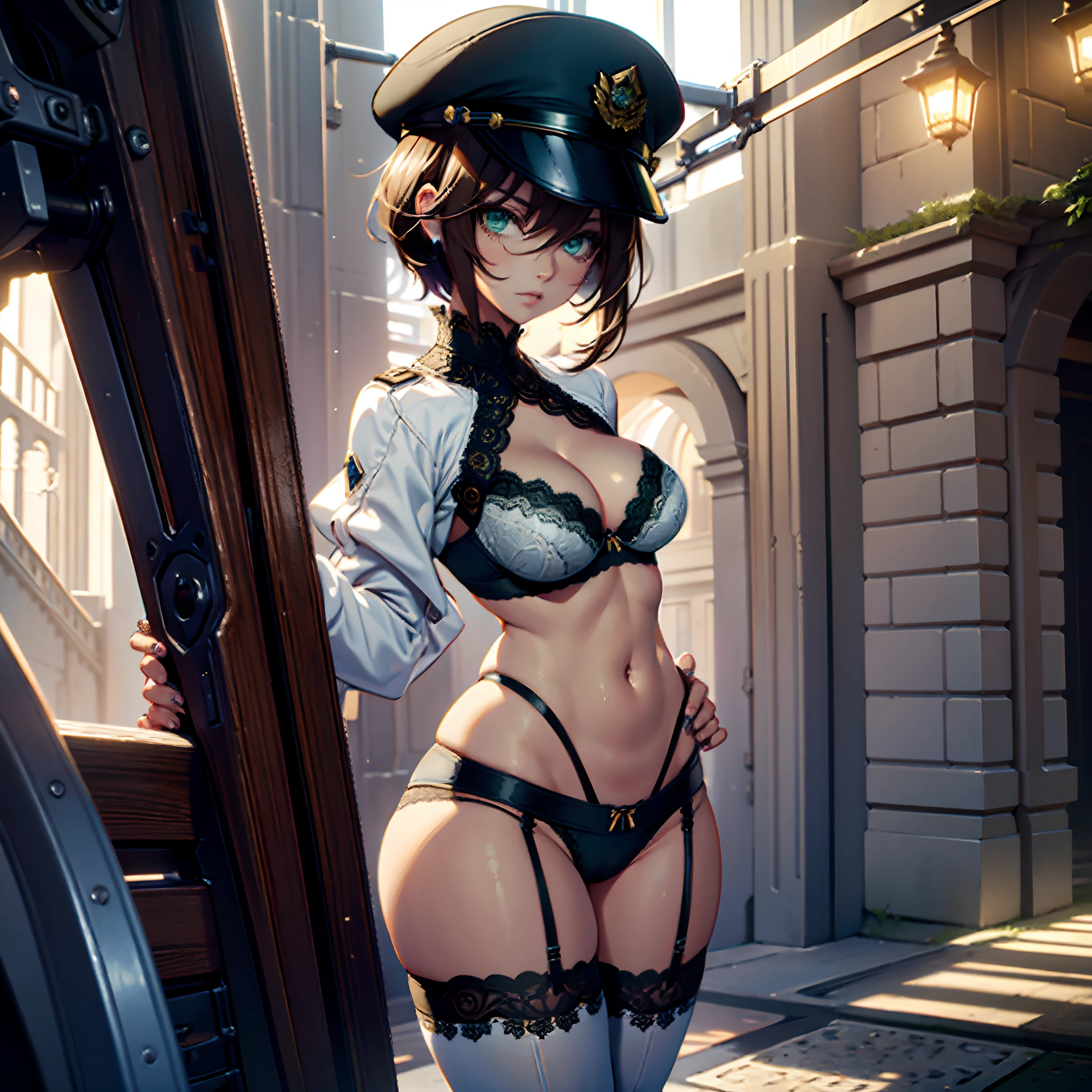 1woman, medium breasts, tiny waist, medium butt, skinny, thigh gap, wearing white lace bra, wearing white gaterbelt, wearing white lace panties, wearing white stockings, wearing black police cap, brown hair, pixie haircut, green eyes, long eyelashes, thick eyeliner, luscious eyelashes