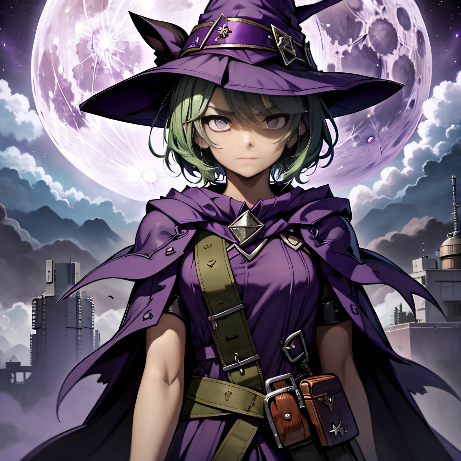 top-quality、extremely delicate and beautiful、(A teenage girl)、Purple Eye、Green hair、short-haired、(purple witch hat)、Purple tie、Tactical Vest、Soio、shortsleeves、Purple skirt、Purple Wizard Robe、Navel、is standing、Facing the front、Expression of hatred、Full moon night on background、Only eyes