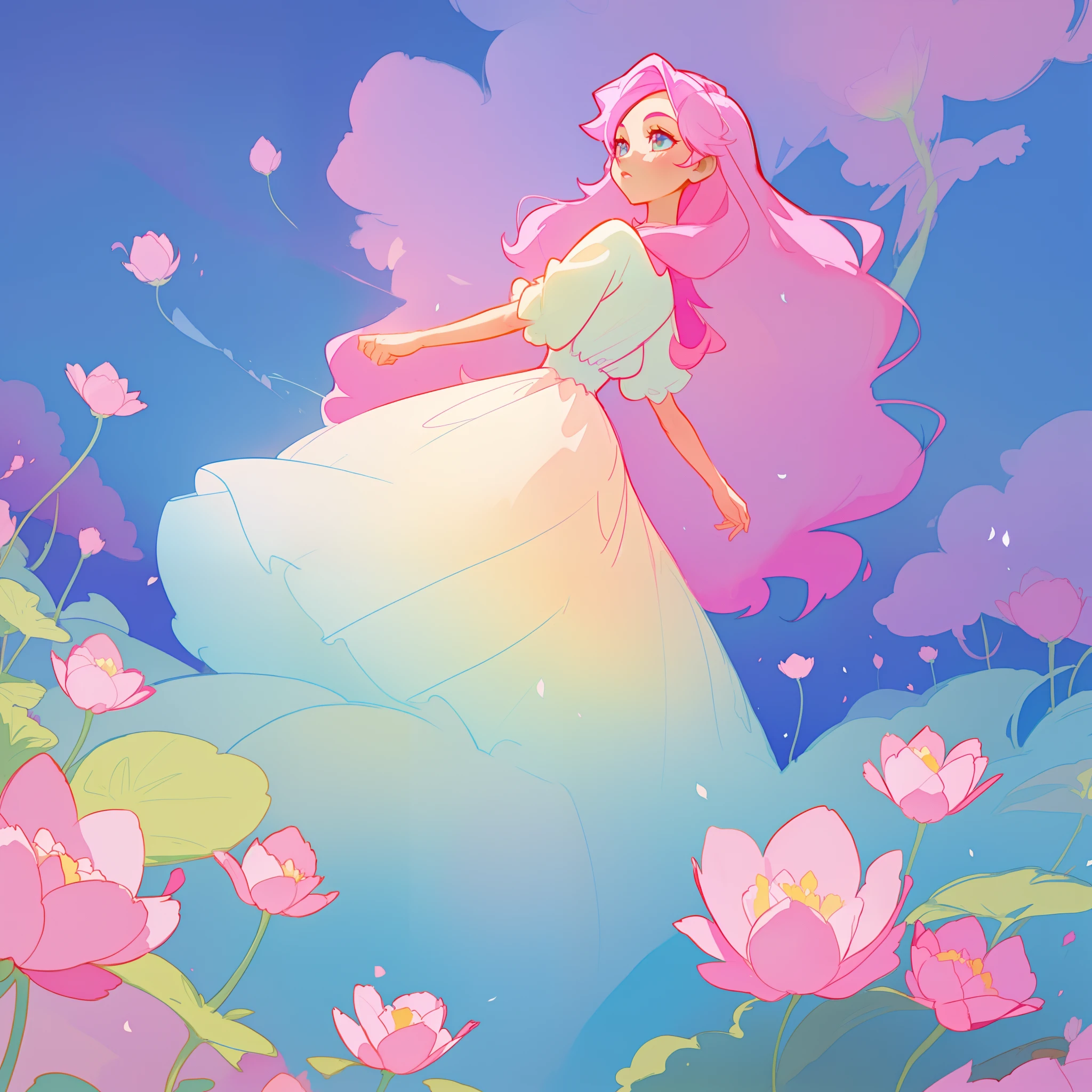 beautiful girl in puffy white ballgown, a field with puffy circular pink red flowers, otherworldly flowers, whimsical landscape, long pink flowing hair, watercolor illustration, inspired by Glen Keane, inspired by Lois van Baarle, disney art style, by Lois van Baarle, by Glen Keane, jen bartel, digital painting, beautiful digital illustration, fantasia otherworldly landscape plants flowers, beautiful, masterpiece, best quality, anime disney style