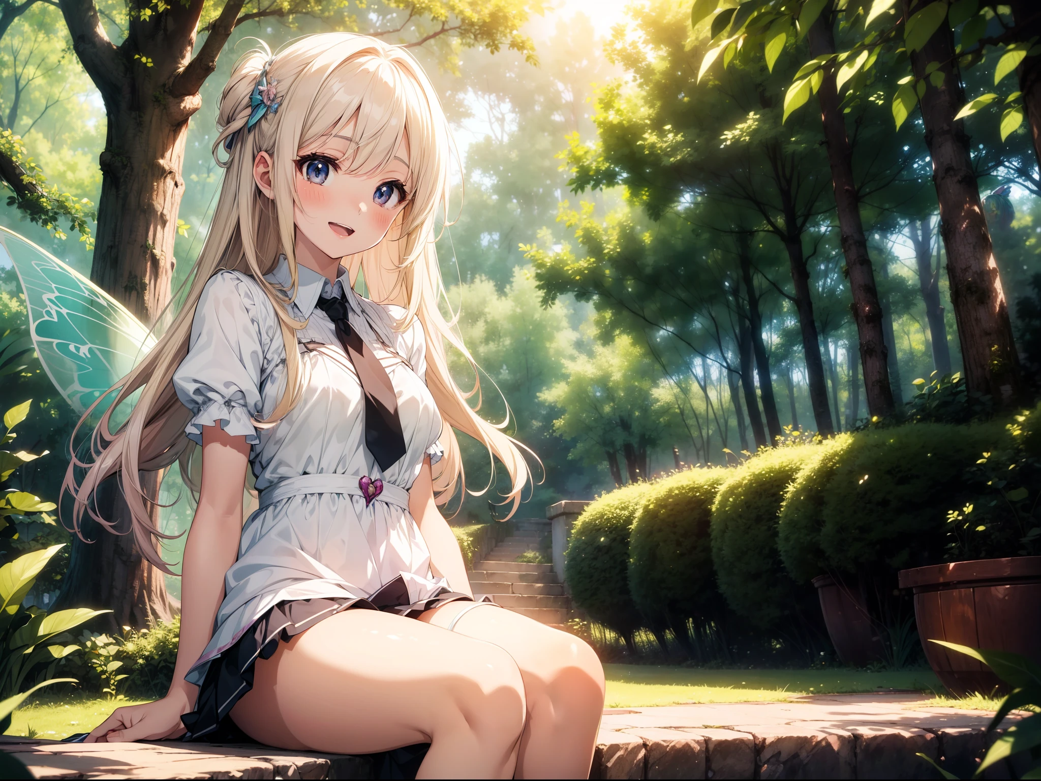 1 cute girl, fairy , sitting on tree,(panties), character focus ,close to viewer, front , smile , open mouth,blush , high resolution,(incredibly absurdres), (hires.fix:1.3),anime visual,extremely detailed CG unity 8k wallpaper, ((masterpiece)), ((top-quality)), (beautiful illustration), ((an extremely delicate and beautiful))