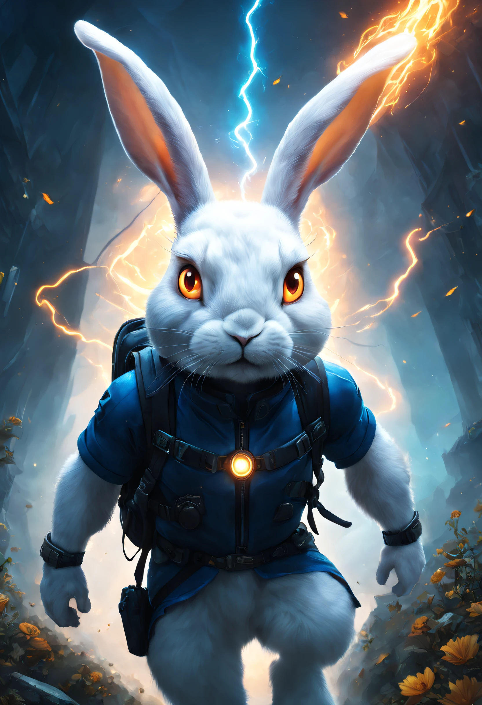 (a powerful,uncanny,detailed:1.1) rabbit with a backpack,(futuristic:1.1) rabbit hopping through time and space,(magical,bewitching) white rabbit,(dangerous:0.9) mountain peaks to conquer,(exploring,dark:0.9) gothic ghost garden,(futuristic:1.1) rabbit traversing alternate dimensions,(high-tech) setting,(wondrous,enchanting) world to discover,sparkling golden eyes of the rabbit,flames engulfing it,(purple,mystical) magic,blue lightning,ultra-detailed,(official art) masterpiece:1.2,exquisite aesthetics,(play of) light and shadows,(powerful,muscular) physique,piercing eyes,unmatched skills,(powerful) special effects