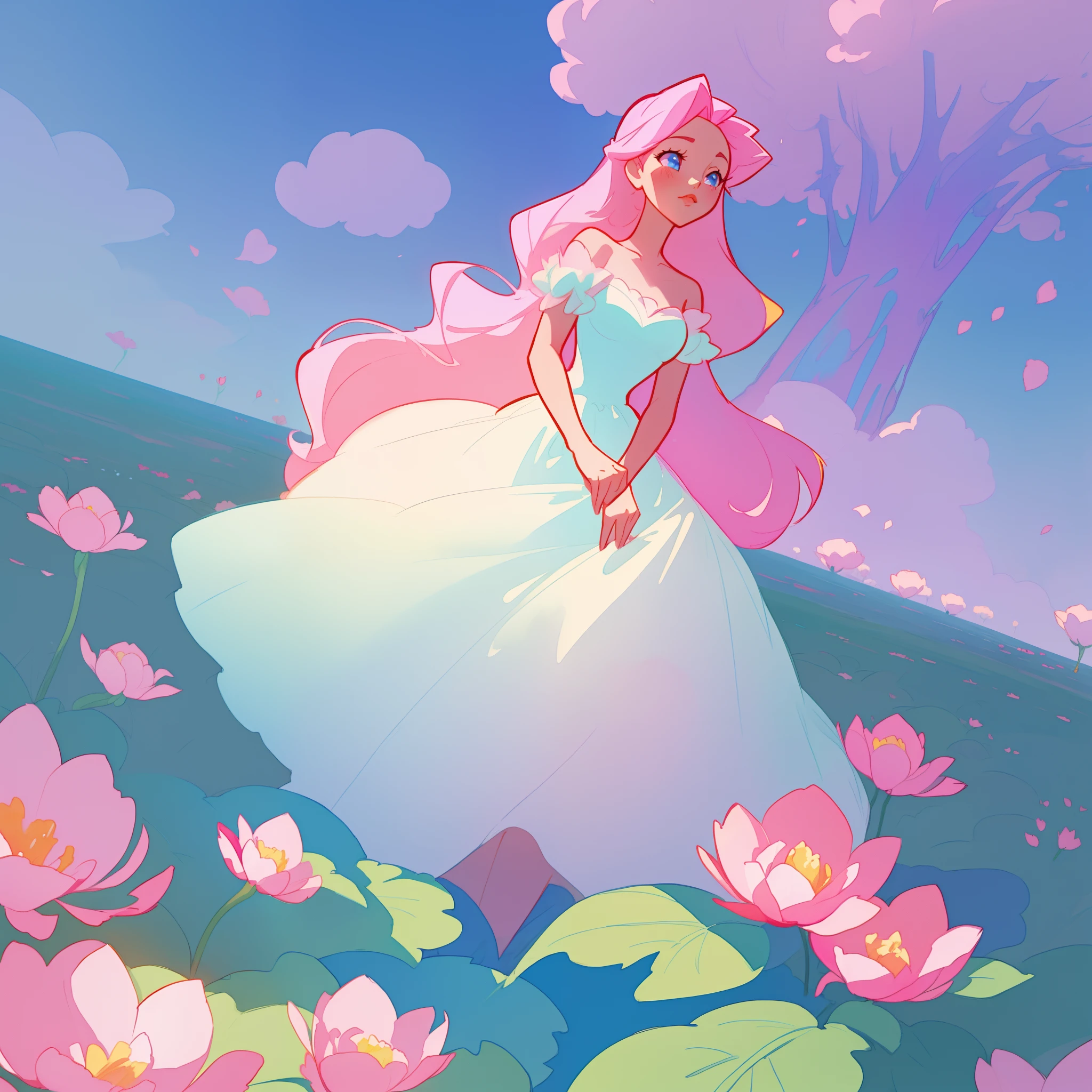 beautiful girl in puffy white ballgown, a field with puffy circular pink red flowers, otherworldly flowers, whimsical landscape, long pink flowing hair, watercolor illustration, inspired by Glen Keane, inspired by Lois van Baarle, disney art style, by Lois van Baarle, by Glen Keane, jen bartel, digital painting, beautiful digital illustration, fantasia otherworldly landscape plants flowers, beautiful, masterpiece, best quality, anime disney style