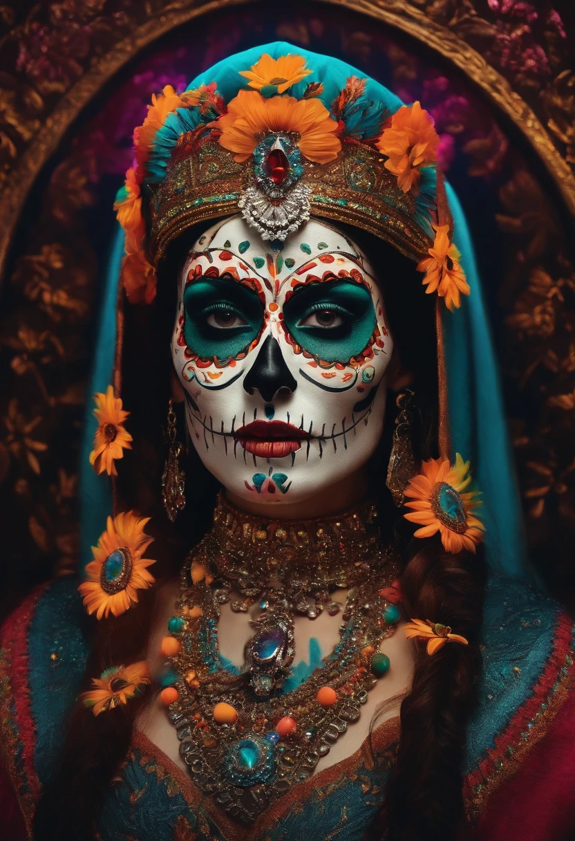 santa guadalupe com rosto de caveira, day of the dead, fluro colours, bright diamond decorations, glow in the dark, high detail, photo realistic, on display with colourful mood lighting, sombre feel