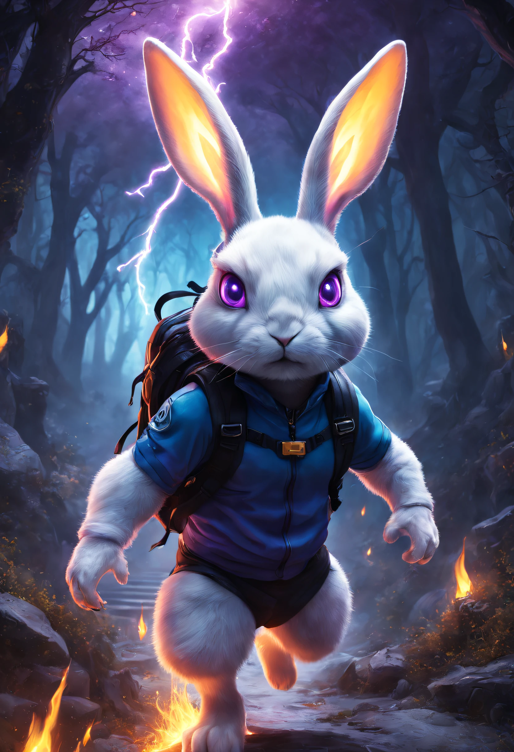 Future Crossing Rabbit,Bunny backpack,Magic Rabbit,Climb dangerous peaks,Explore the Gothic Ghost Garden,Rabbit crossing,Futuristic rabbit,High-tech scene,There is a magical world,The rabbit's eyes shone with golden ghostly fire,Out of the flames,Purple magic,blue lightning,Ultra-clear details,offcial art,Extreme aesthetics,light and shadow perspective,Powerful muscles,Fierce eyes,unparalleled,Powerful special effects
