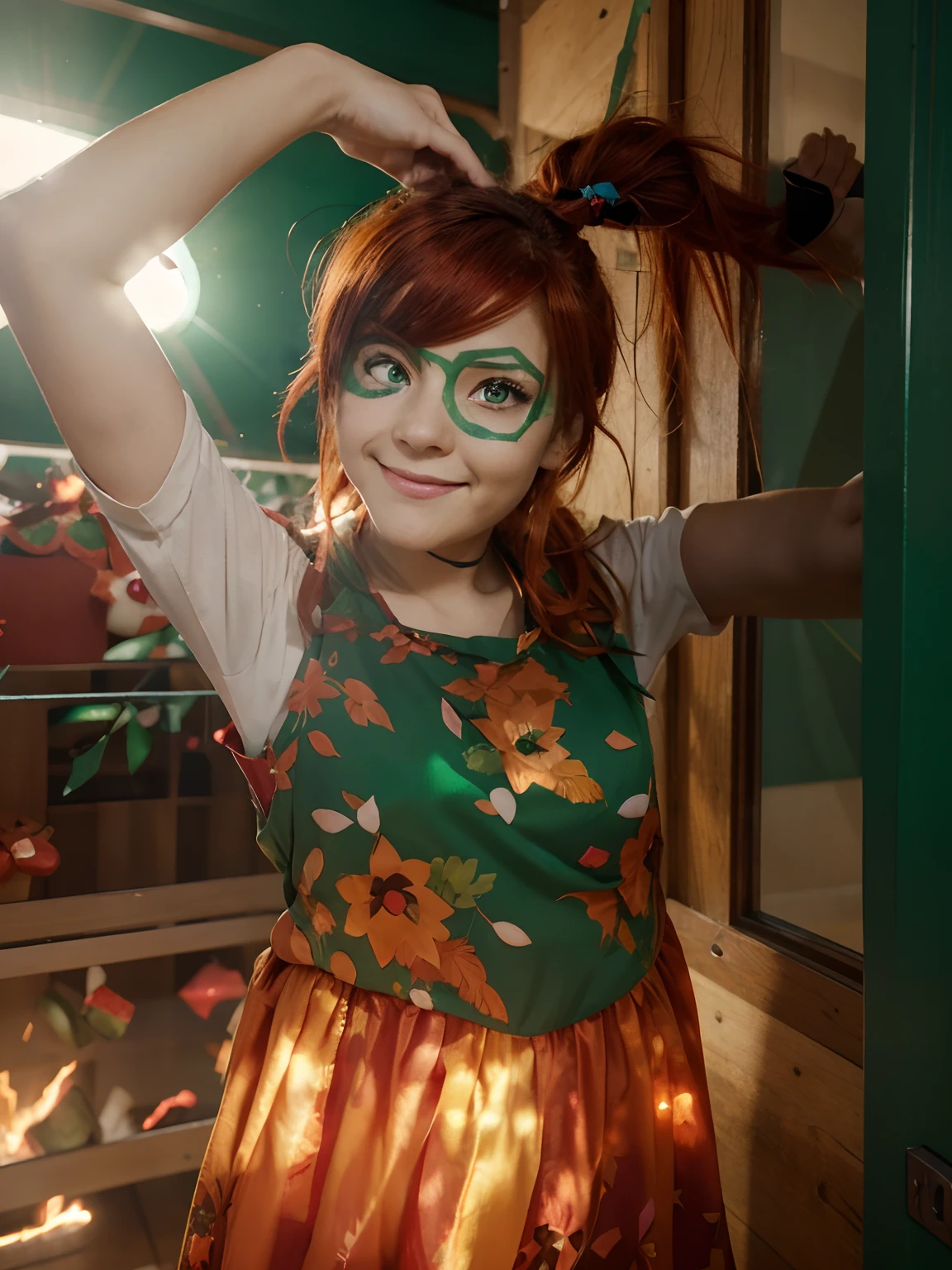 Create an anime character with a mischievous grin, expressive emerald green eyes, and vibrant, fiery red hair. They should have a small, but distinctive, star-shaped birthmark under their left eye. The character should exude a sense of curiosity and playfulness,hd,realistic
