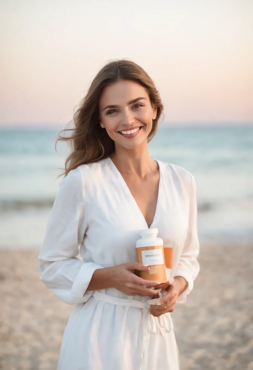 On a beautiful beach with white and blue attire, and a more exposed background, you can find a 30-year-old woman with a fuller figure, smiling brightly. She holds a medication package with a radiant smile on her face, with two boats in the background.