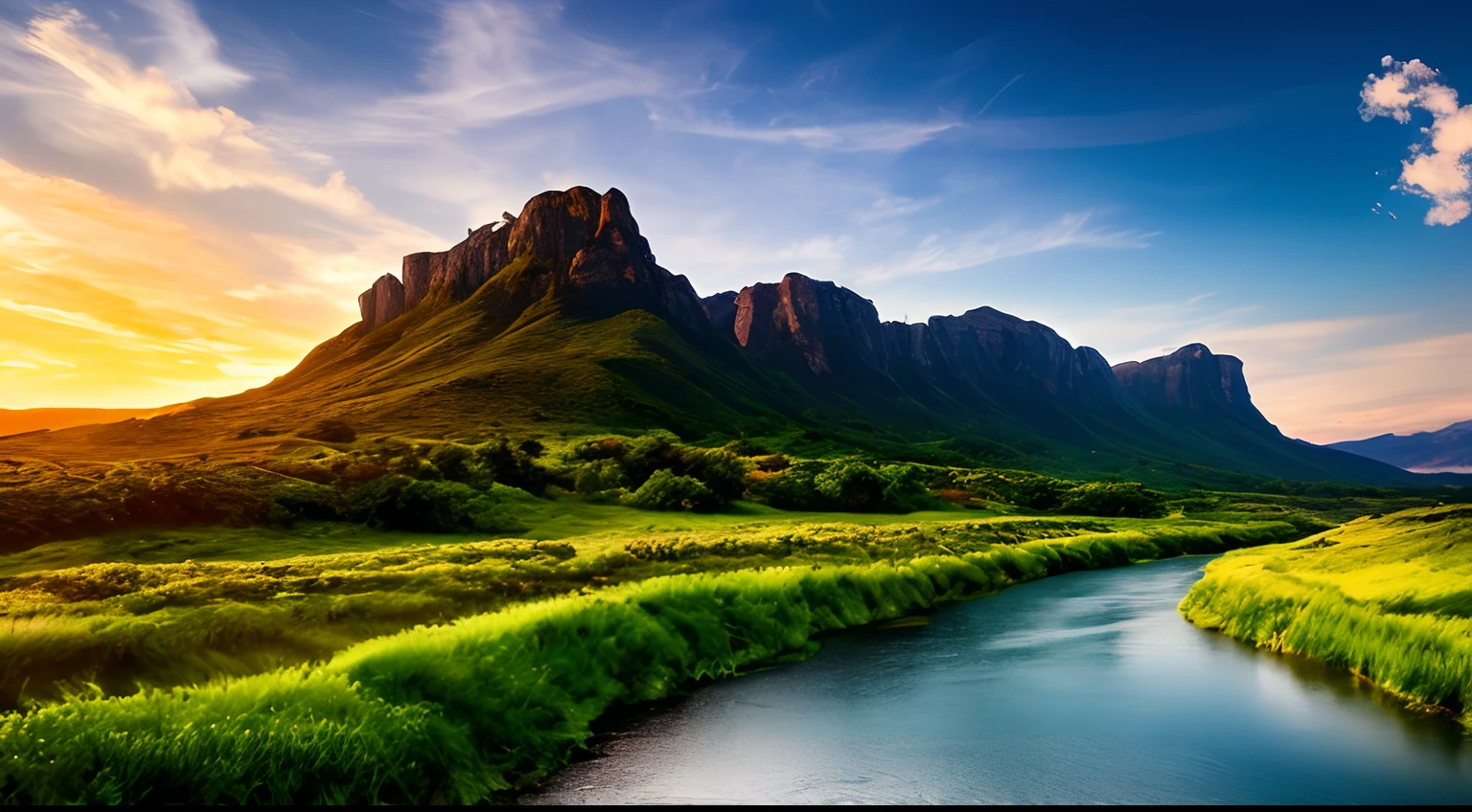 Masterpiece, ultimate quality, Cg unity 8k wallpaper, super delicate, beautiful sky and clouds, rich natural scenery, cliffs, lakes and rivers, waterfalls and flying water, beautiful green mountains, no trace of people, excellent scenery, has already won a photo contest, background Blurring, full depth of field, HDR high dynamics, true restoration, intricate, extreme details, dramatic presentation, perfectly presenting the style of midjourney art.