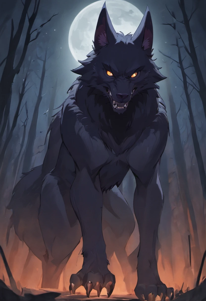 a werewolf, detailed fur texture, glowing yellow eyes, fangs, claws, snarling expression, dark forest background, moonlight shining through trees, (best quality,4k,8k,highres,masterpiece:1.2),ultra-detailed,(realistic,photorealistic,photo-realistic:1.37),cinematic lighting,dramatic shadows,moody atmosphere,muted color palette,concept art style