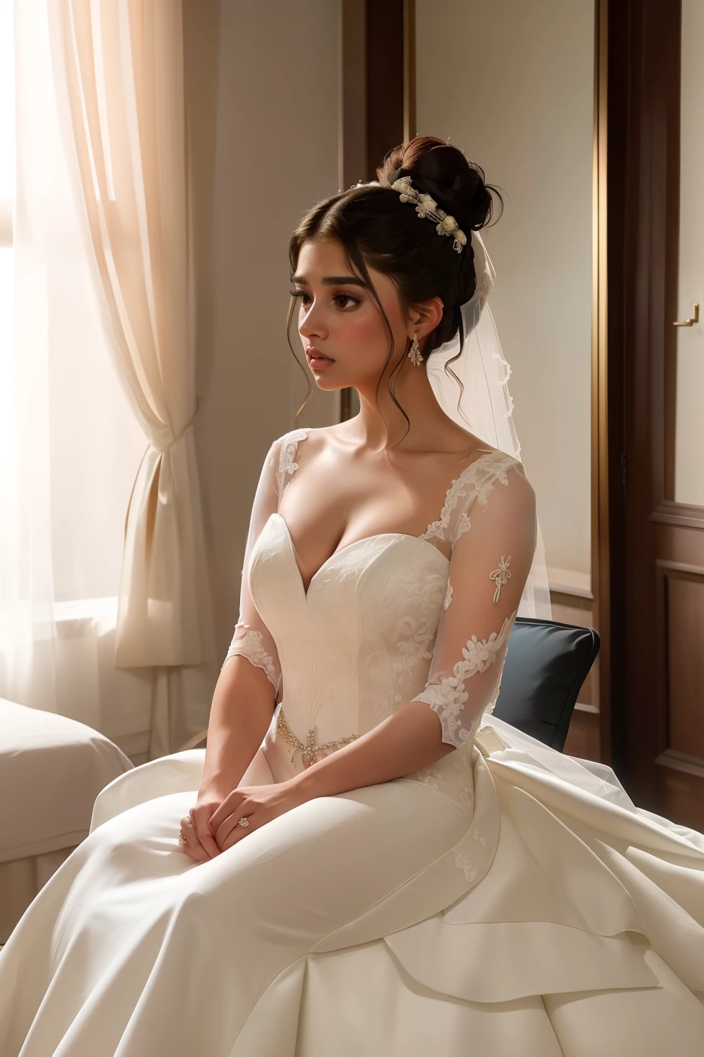 year: 2023. Location: Madrid. Pre-Raphaelite scene with a 32-year-old Diane Guerrero, sitting, luxurious room, ((((panic attack)))), stressed, nervous, ((((wedding dress from the 2020s)))) ((Hairstyle of the 2020s, low bun)), ((("OMITB" cinematography)))