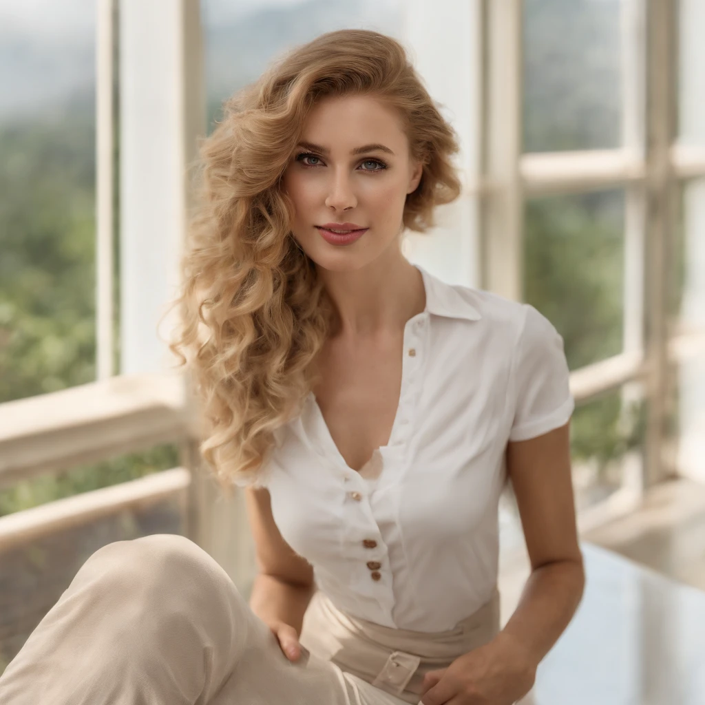 girl spreading legs open on a table in a bright office near panaramic window, smiles, full body nude, blush, super thick highlighted hair, big round eyes, short curly blonde hair, drammatic makup, arched back, French manicure, best quality, ultra high res, photorealistic, masterpiece, pure_eros_face, blemish, (acne:1.1), freckles, 135mm, nikkor, f2.8, bokeh, leather collar kink, drool, ball gag in mouth