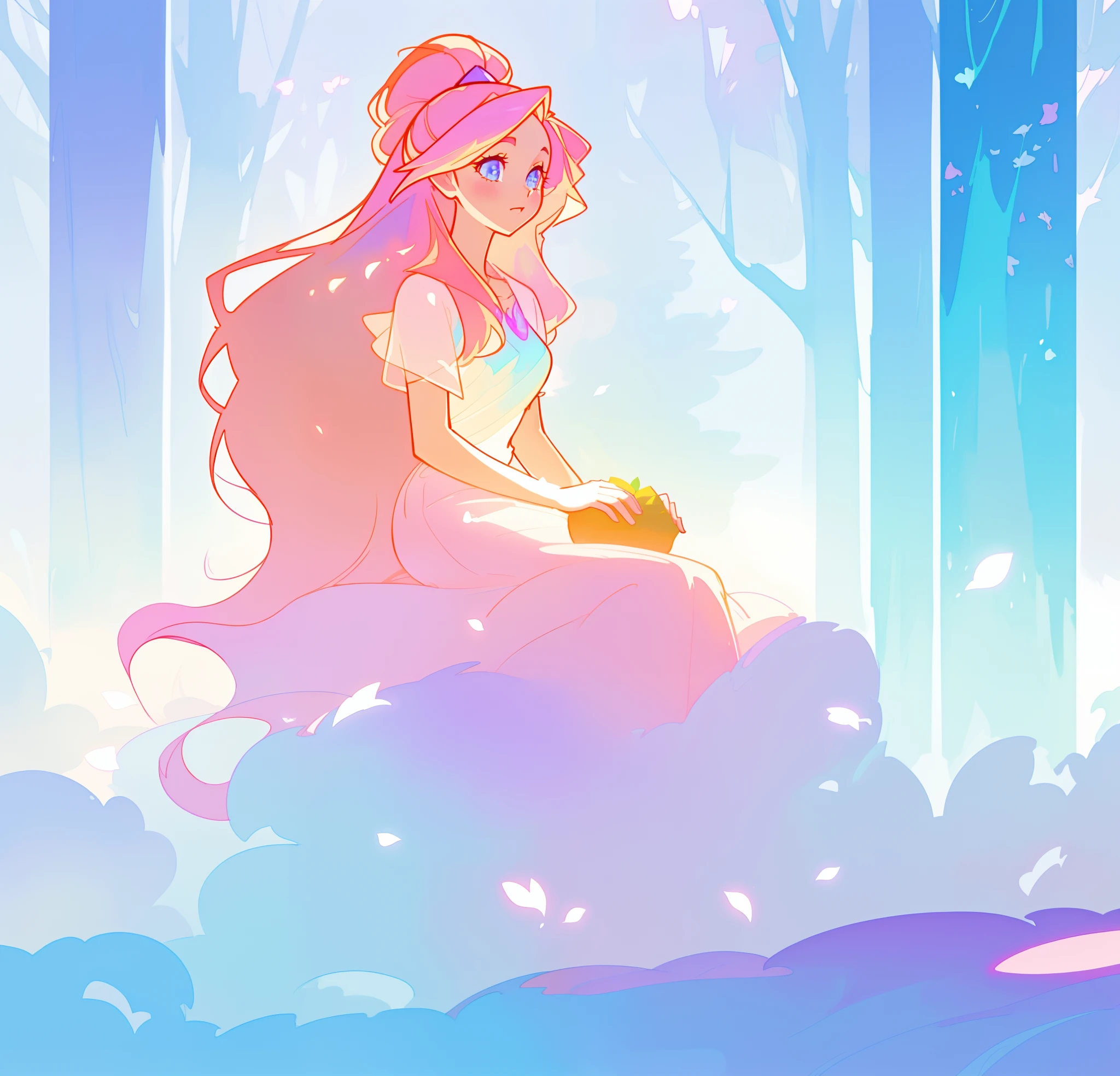 beautiful girl in flowing dress sitting in a forest, winter forest background, long golden pink hair, white blue and purple color background, watercolor illustration, inspired by Glen Keane, inspired by Lois van Baarle, disney art style, by Lois van Baarle, glowing aura around her, by Glen Keane, jen bartel, glowing lights! digital painting, flowing glowing hair, glowing flowing hair, beautiful digital illustration, fantasia otherworldly landscape plants flowers, beautiful, masterpiece, best quality, anime disney style
