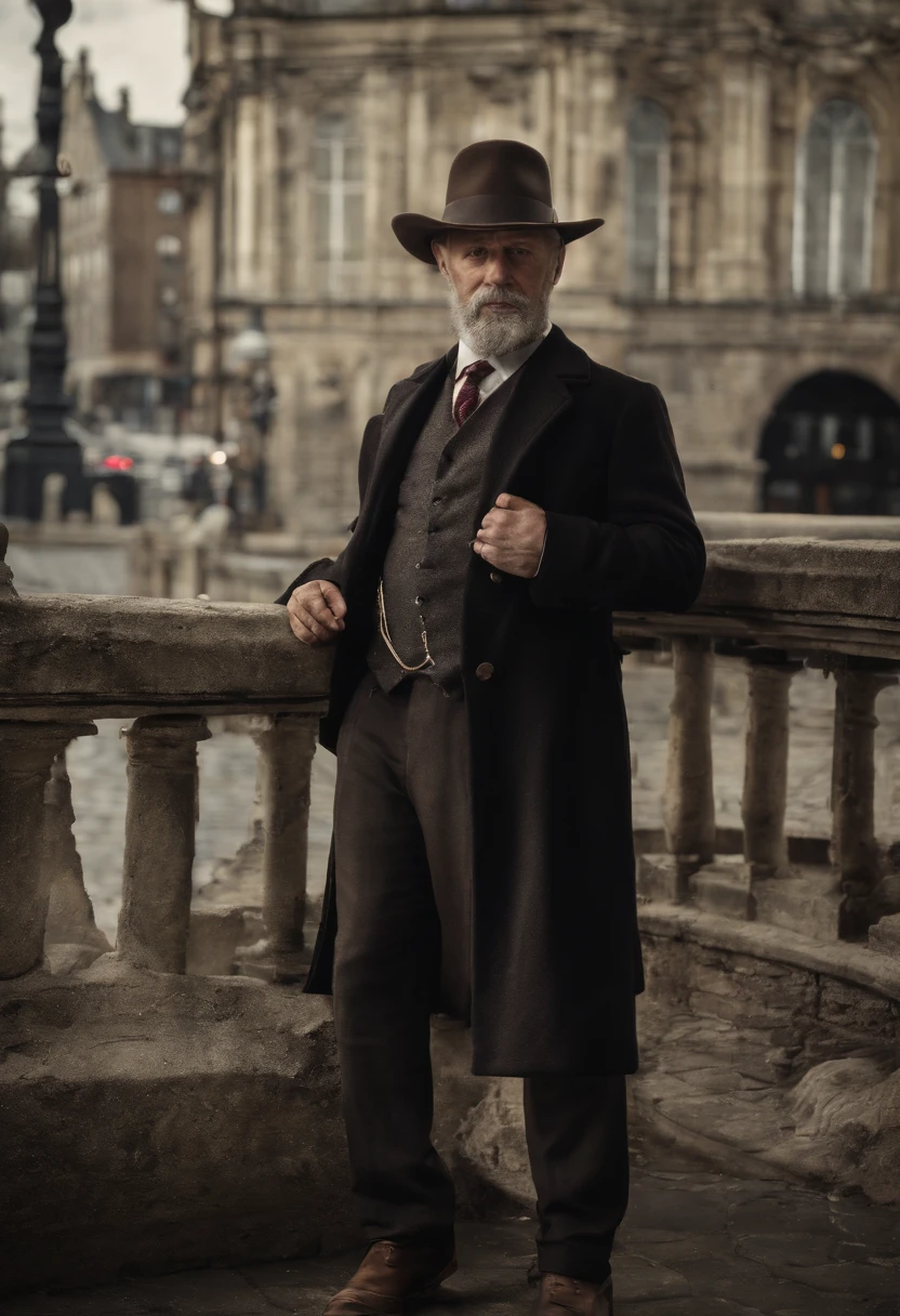 Generate me a handsome old businessman with beard and hat from the 1950's era realistic goss in portrait, hyper realiste, costume noir, regarde l'objectif, est assis dans une synaguogue, a la regard percant, est remplis de douceur, longue barbe blanche et chapeau, cheveux tres court