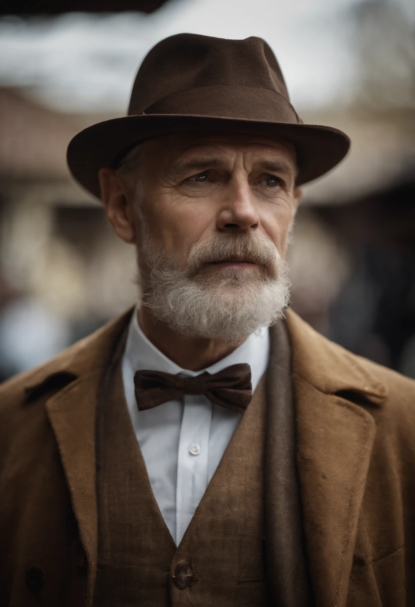 Generate me a handsome old businessman with beard and hat from the 1950's era realistic goss in portrait, hyper realiste, costume noir, regarde l'objectif, est assis dans une synaguogue, a la regard percant, est remplis de douceur, longue barbe blanche et chapeau, cheveux tres court