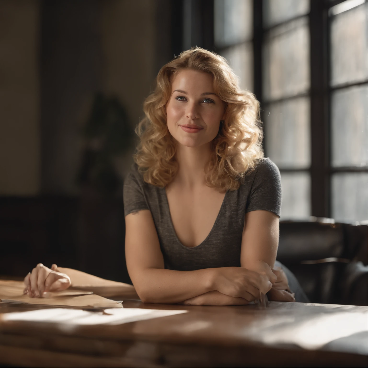 girl spreading legs open on a table in a bright office near panaramic window, smiles, full body nude, blush, super thick highlighted hair, big round eyes, short curly blonde hair, drammatic makup, arched back, French manicure, best quality, ultra high res, photorealistic, masterpiece, pure_eros_face, blemish, (acne:1.1), freckles, 135mm, nikkor, f2.8, bokeh, leather collar kink, drool, ball gag in mouth