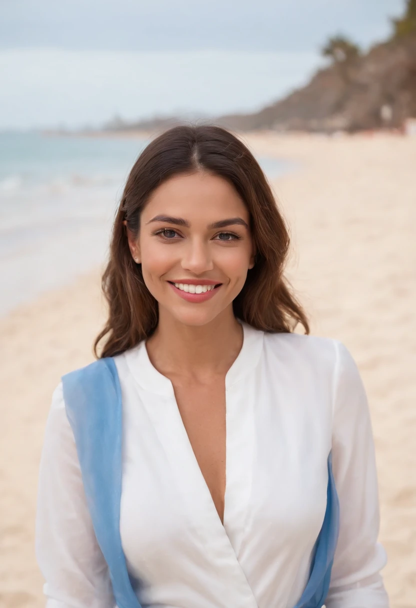 On a breathtaking beach with white and blue attire, and a more exposed background, you can spot a 30-year-old woman with Brazilian features, grinning happily. She holds a medication package with a radiant smile on her face, with two boats in the backdrop.