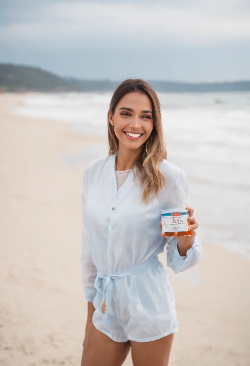 On a breathtaking beach with white and blue attire, and a more exposed background, you can spot a 30-year-old woman with Brazilian features, grinning happily. She holds a medication package with a radiant smile on her face, with two boats in the backdrop.