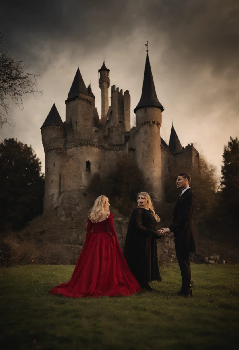 Halloween Holiday, A family of vampires in front of a medieval castle, Blonde woman in red dress, A man in a dark suit, Child with two pigtails, Large Bat, ghost