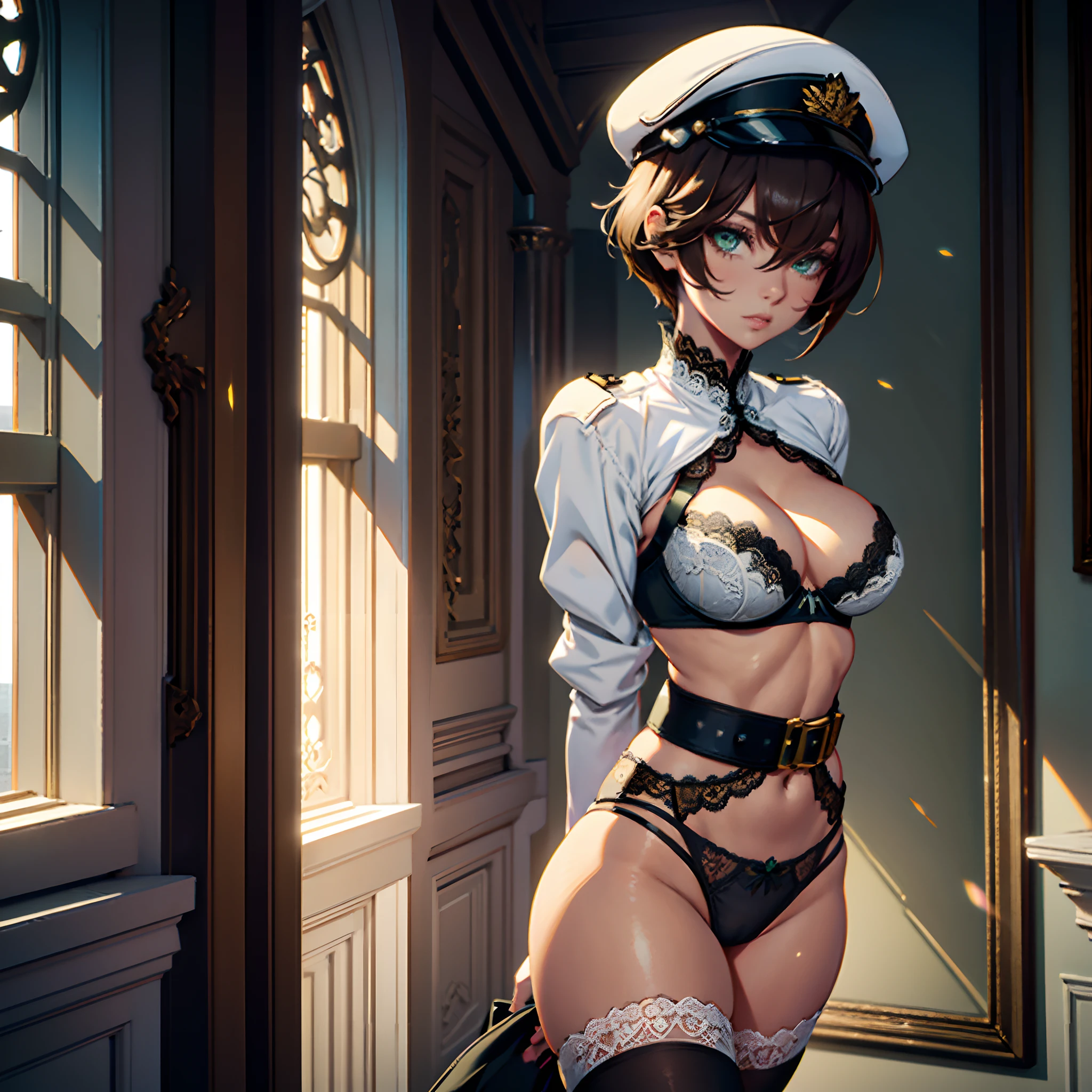 1woman, medium breasts, tiny waist, medium butt, skinny, thigh gap, wearing white lace bra, wearing white gaterbelt, wearing white lace panties, wearing white stockings, wearing black police cap, brown hair, pixie haircut, green eyes, long eyelashes, thick eyeliner, luscious eyelashes