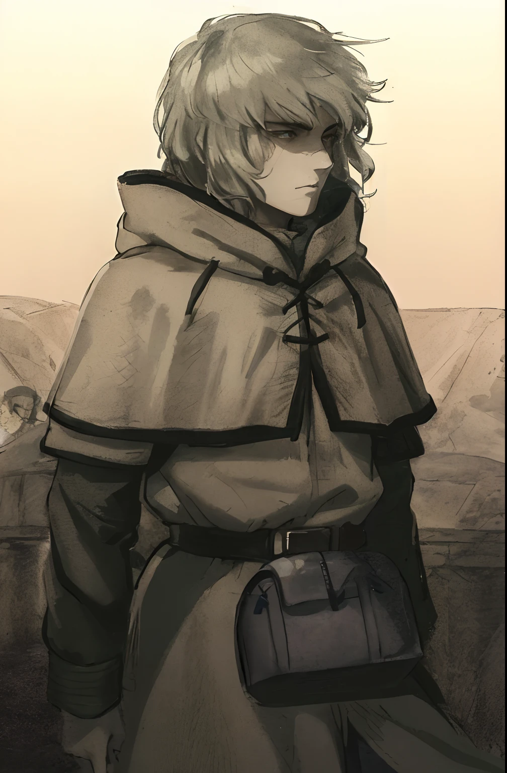 a close up of a person in a hooded jacket with a bag, kvothe from name of the wind, caleb from critical role, boromir in an anime world, portrait of fin wildcloak, handsome guy in demon slayer art, inspired by Li Chevalier, boromir in an 80\'s anime world