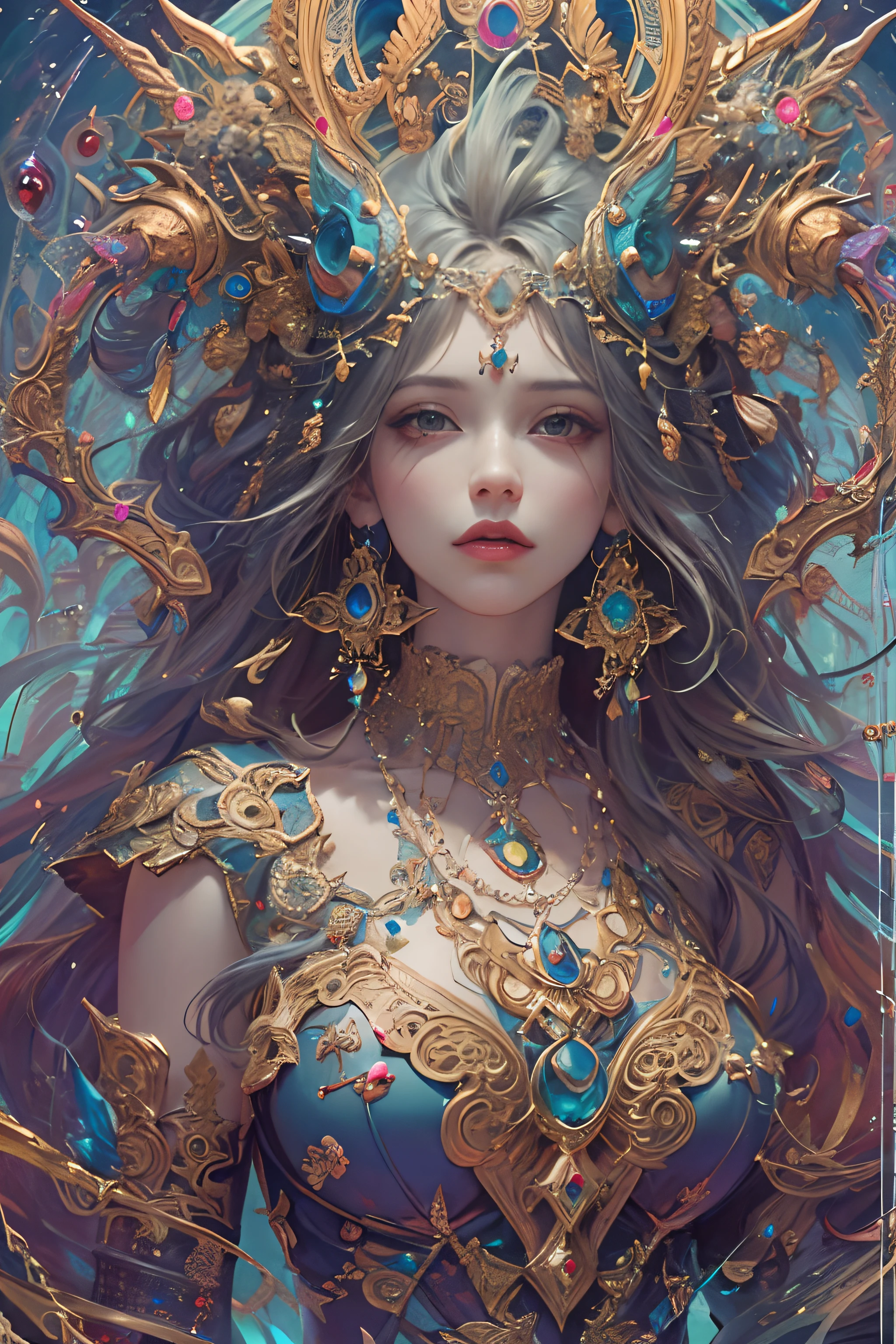 Best Picture Quality, Masterpiece Level, Ultra High Resolution, Realism, Fantasy Theme, Head Close-Up, A Girl, Single, Scatter, Chinese Architecture, Indoor, First-Person Perspective, Phoenix Headdress, Floral Dress, Get Detailed Interior Lighting and Cinematic Lighting, Increase Detailed Overall Ambient Light, Face and Eye Detail, Improve Face Detail Realism, Clear Sharp Focus, Sobbing, Mouth Biting, Frowning, Bright Eyes, Simple Background, Sony Master Lens.