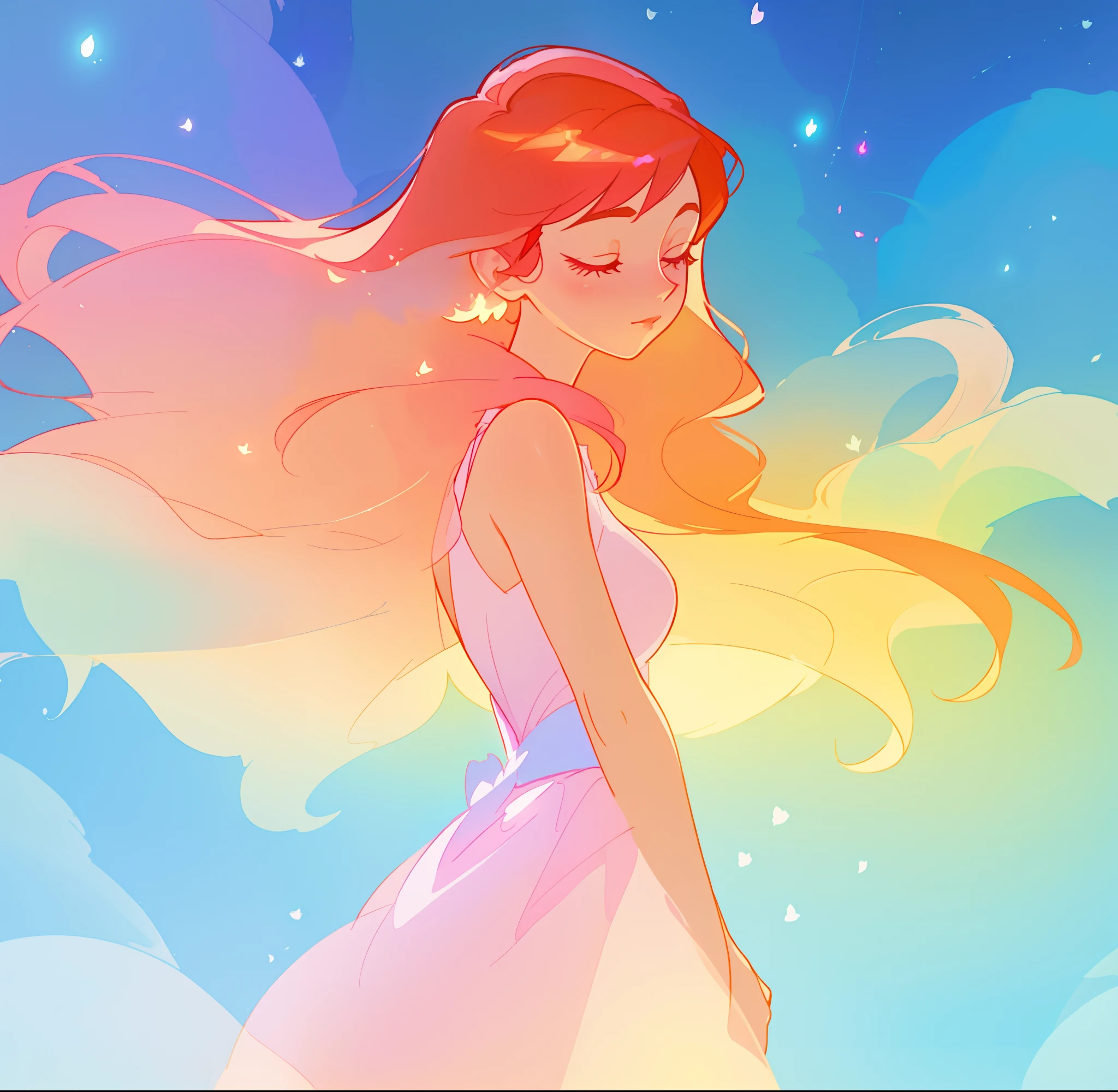 beautiful girl in pink white dress, fairy dress, long gold and red hair, watercolor illustration, inspired by Glen Keane, inspired by Lois van Baarle, disney art style, by Lois van Baarle, glowing aura around her, by Glen Keane, jen bartel, glowing lights! digital painting, flowing glowing hair, glowing flowing hair, beautiful digital illustration, fantasia otherworldly landscape plants flowers, beautiful, masterpiece, best quality, anime disney style