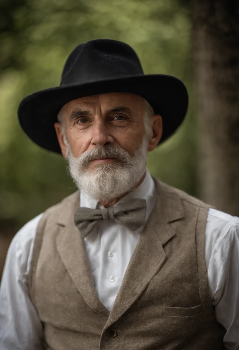 Generate me a handsome old businessman, barbe  blanche,chapeau noir de l'epoque 1950, Realistic in Portrait, hyper realiste, costume noir,chemise blanche, regarde l'objectif, est assis dans une synaguogue, a la regard percant, est remplis de douceur, longue barbe blanche et chapeau, cheveux tres court