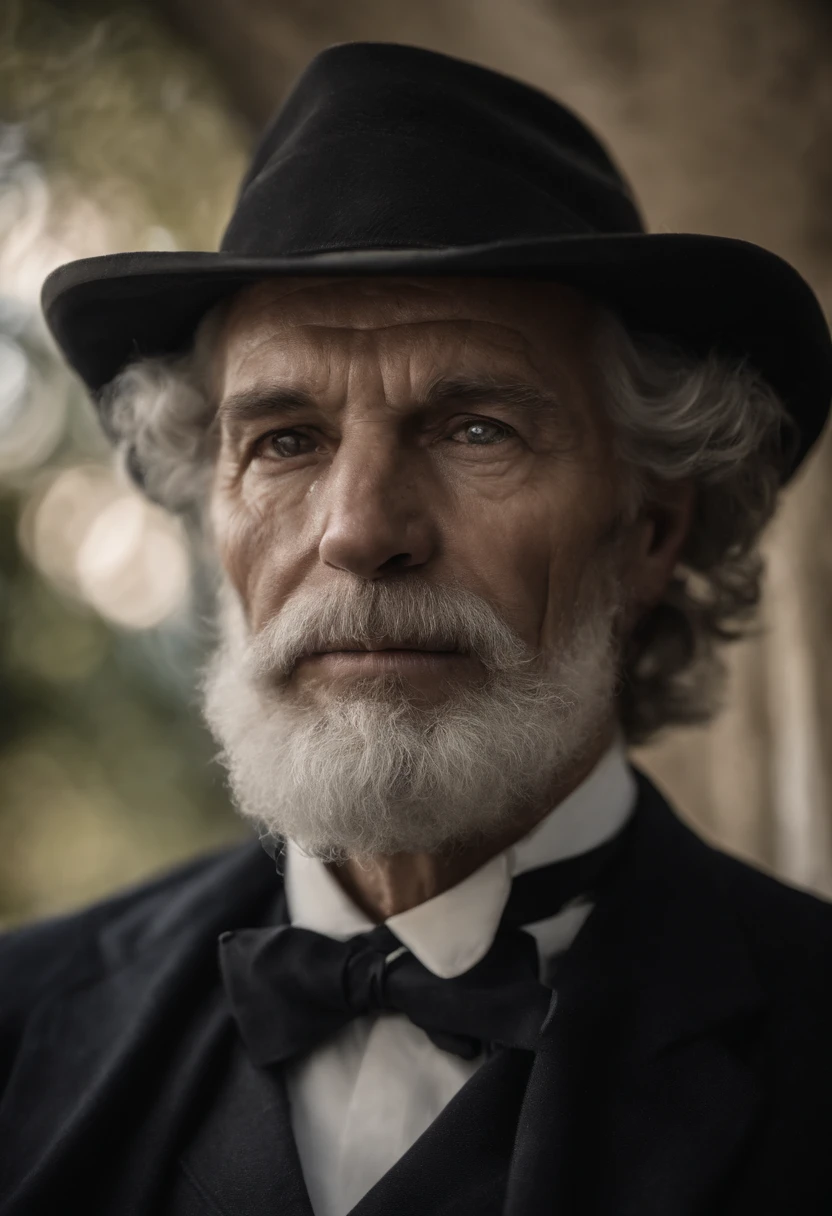 Generate me a handsome old businessman, barbe blanche,chapeau noir de l'epoque 1950, Realistic in Portrait, hyper realiste, costume noir,chemise blanche, regarde l'objectif, est assis dans une synaguogue, a la regard percant, est remplis de douceur, longue barbe blanche et chapeau, cheveux tres court