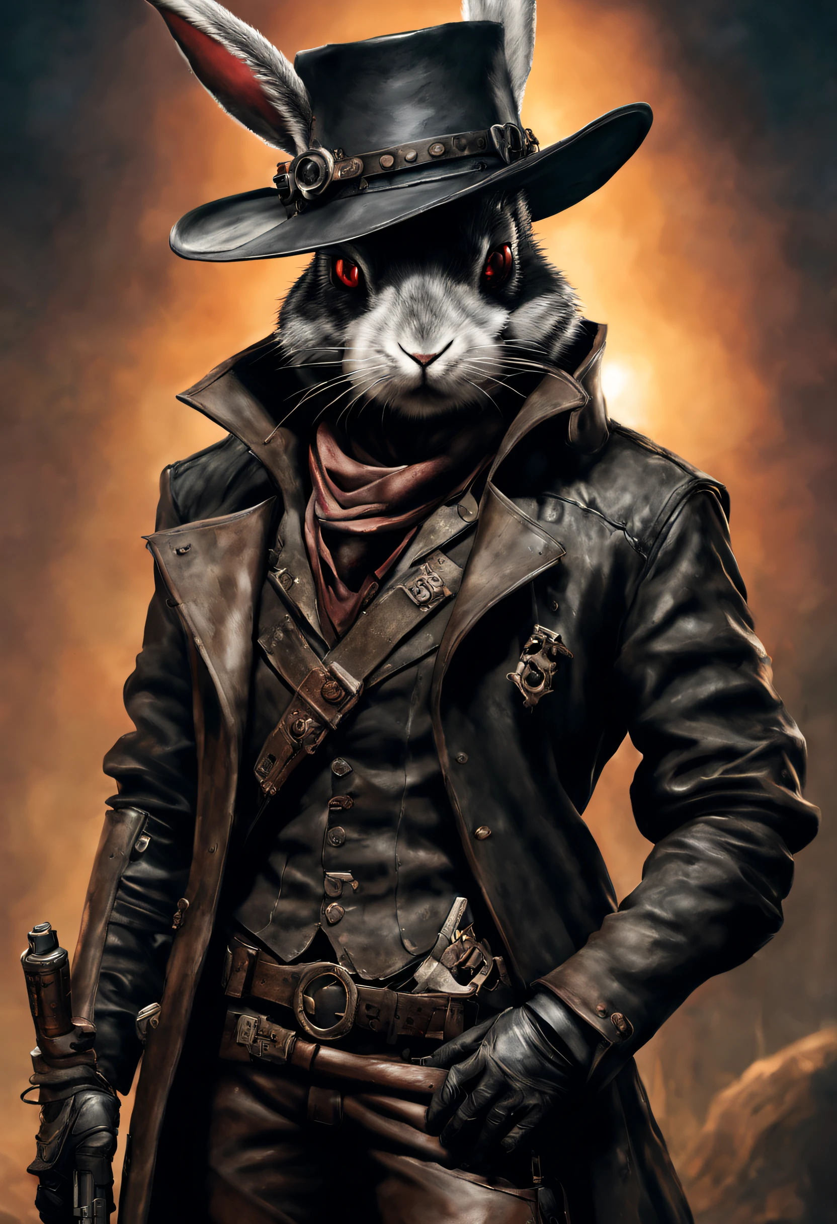 Photo by Alfid Rabbit，He wears a gun in his hat，leather pant, Bloodborne portraits, After - the apocalyptic cowboy violent bunny, dark fantasy character design, Stylized urban fantasy artwork, Powerful violent bunny, the plague doctor, Portrait of the Old Necromancer Mage, trends in art station, cyberpunk wild west, grimdark steampunk fantasy, Rabbit Gunner