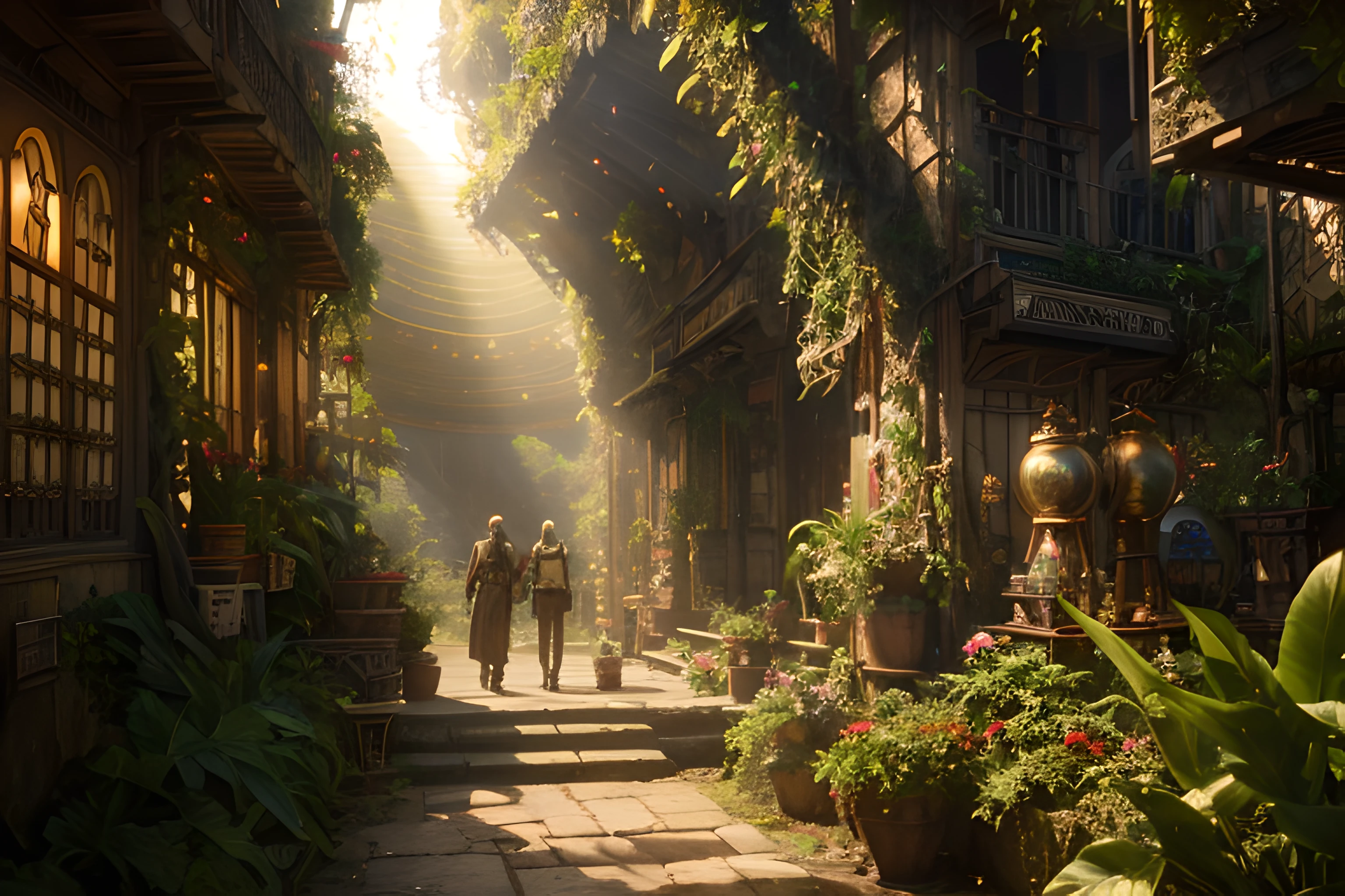 highly detailed, art nouveau, high fantasy, jungle city, peddlers, vines, crepuscular rays, volumetric lighting, cinematic lighting, atmospheric effects