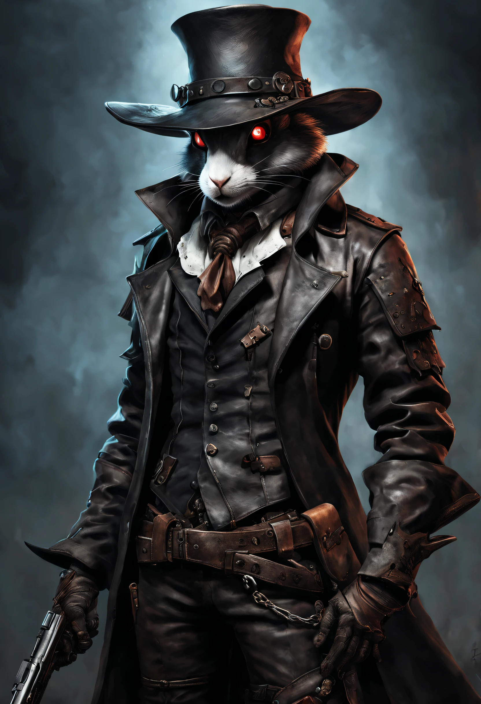 Photo by Alfid Rabbit,He wears a gun in his hat,leather pant, Bloodborne portraits, After - the apocalyptic cowboy violent bunny, dark fantasy character design, Stylized urban fantasy artwork, Powerful violent bunny, the plague doctor, Portrait of the Old Necromancer Mage, trends in art station, cyberpunk wild west, grimdark steampunk fantasy, Rabbit Gunner