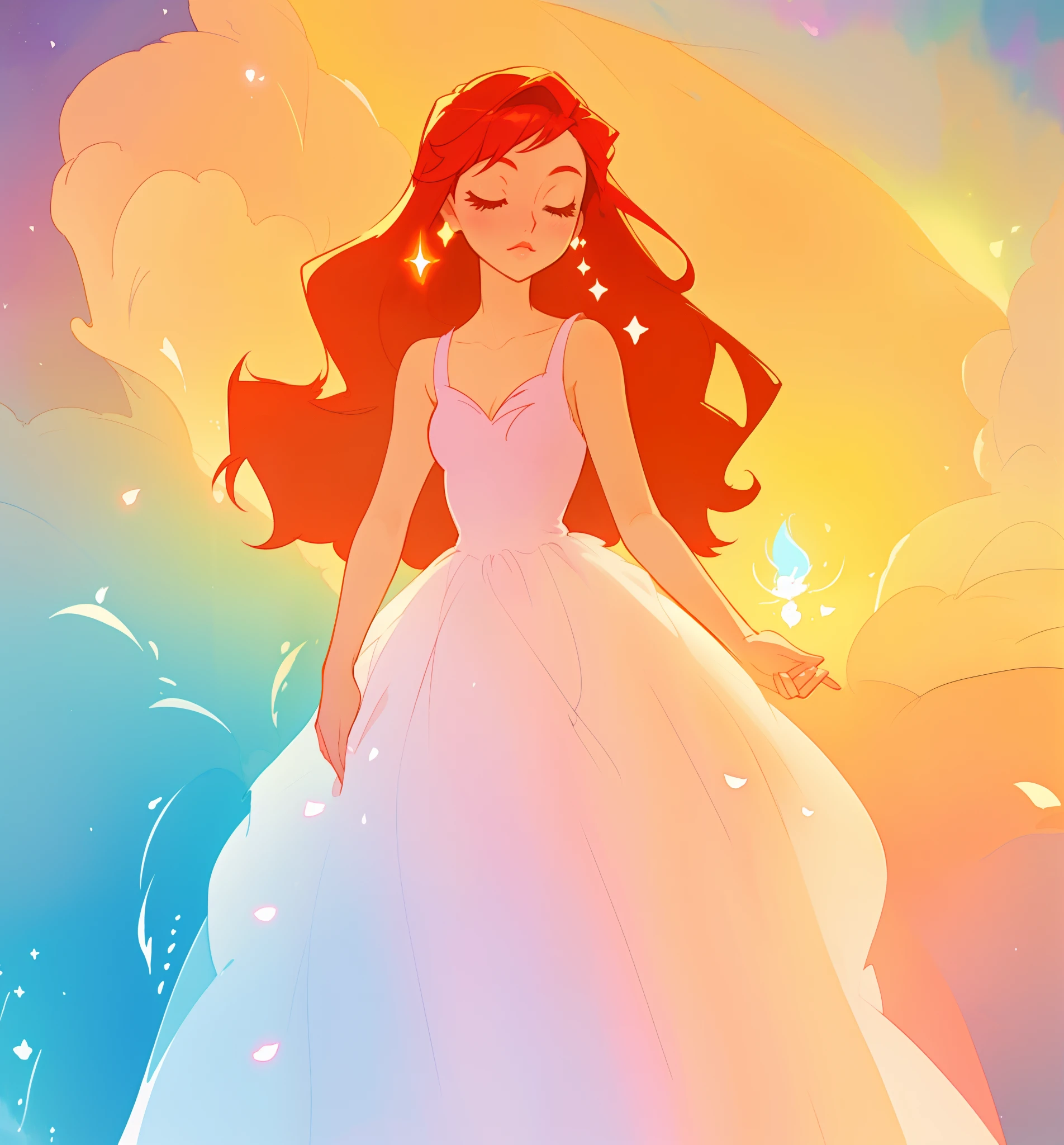 beautiful girl in puffy ballgown dress, fairy dress, long red hair, watercolor illustration, inspired by Glen Keane, inspired by Lois van Baarle, disney art style, by Lois van Baarle, glowing aura around her, by Glen Keane, jen bartel, glowing lights! digital painting, flowing glowing hair, glowing flowing hair, beautiful digital illustration, fantasia otherworldly landscape plants flowers, beautiful, masterpiece, best quality, anime disney style