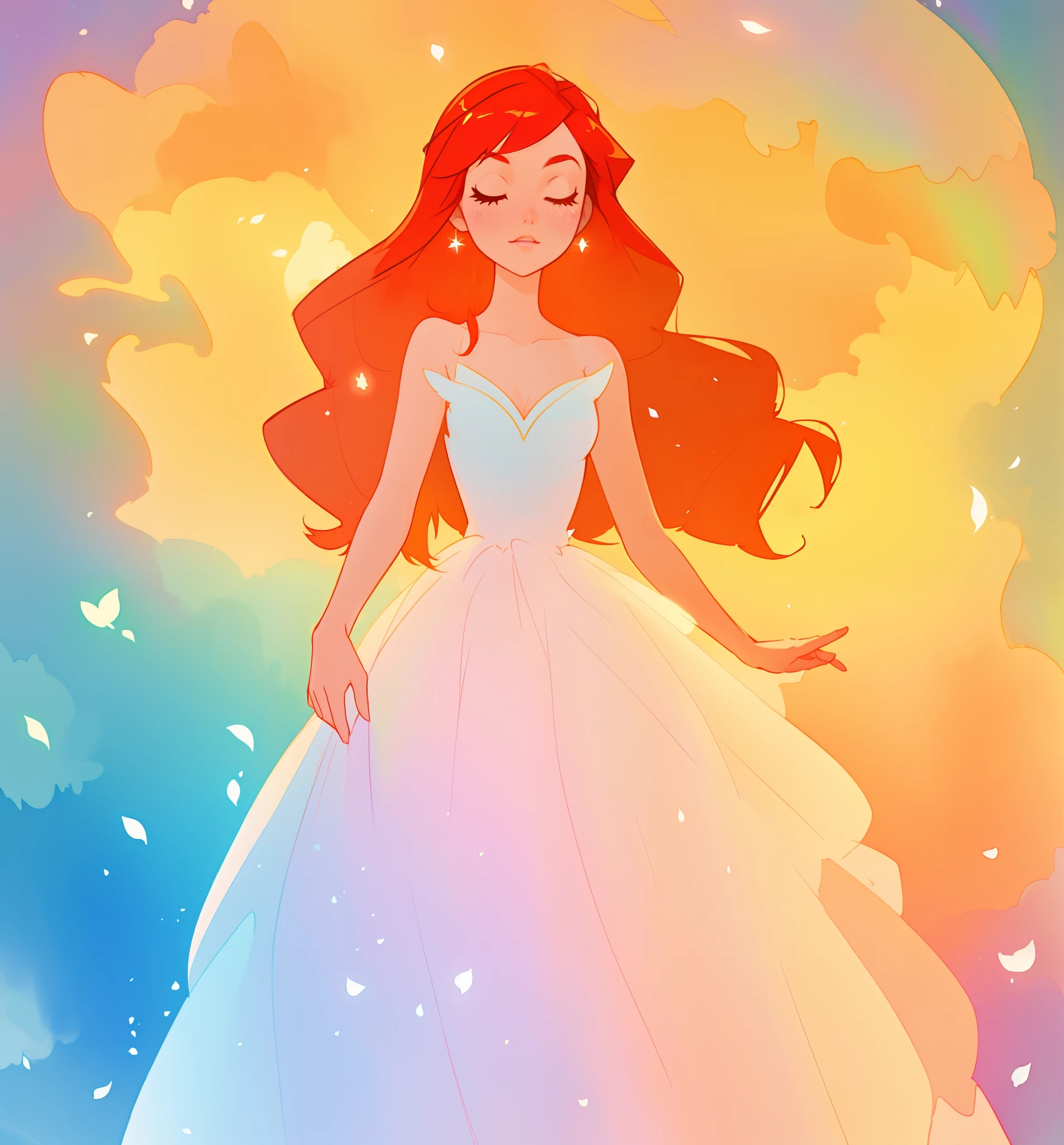 beautiful girl in puffy ballgown dress, fairy dress, long red hair, watercolor illustration, inspired by Glen Keane, inspired by Lois van Baarle, disney art style, by Lois van Baarle, glowing aura around her, by Glen Keane, jen bartel, glowing lights! digital painting, flowing glowing hair, glowing flowing hair, beautiful digital illustration, fantasia otherworldly landscape plants flowers, beautiful, masterpiece, best quality, anime disney style