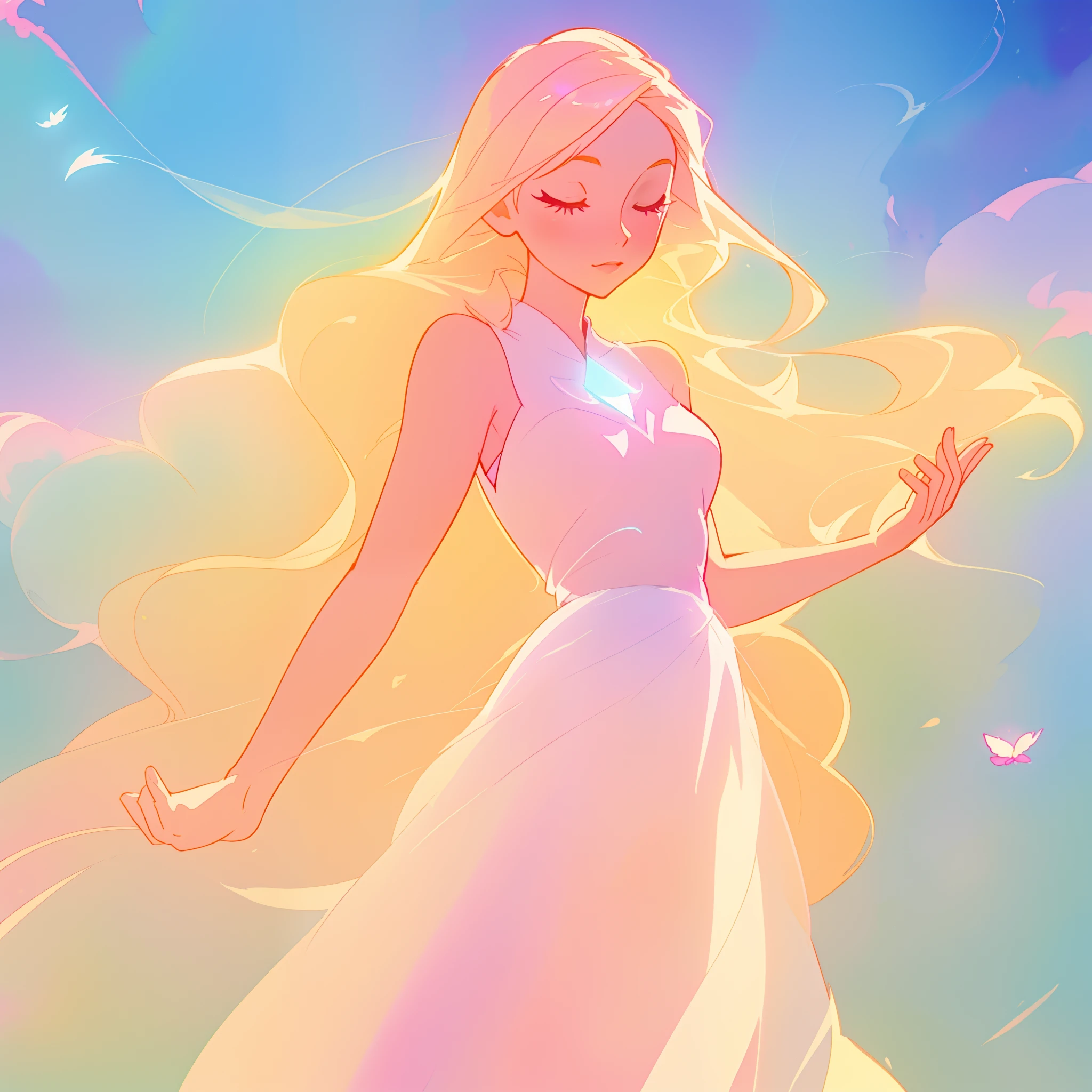 beautiful girl in pink and white dress, fairy dress, long golden hair, watercolor illustration, inspired by Glen Keane, inspired by Lois van Baarle, disney art style, by Lois van Baarle, glowing aura around her, by Glen Keane, jen bartel, glowing lights! digital painting, flowing glowing hair, glowing flowing hair, beautiful digital illustration, fantasia otherworldly landscape plants flowers, beautiful, masterpiece, best quality, anime disney style