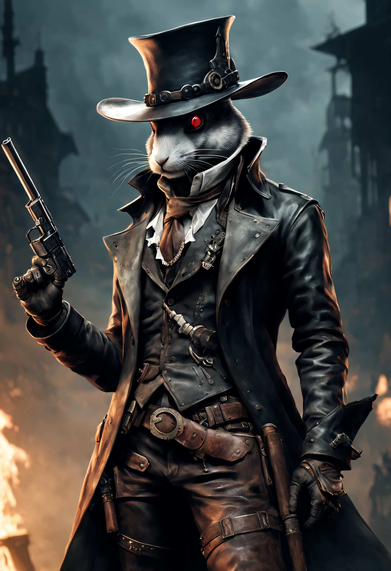 Photo by Alfid Rabbit,He wears a gun in his hat,leather pant, Bloodborne portraits, After - the apocalyptic cowboy violent bunny, dark fantasy character design, Stylized urban fantasy artwork, Powerful violent bunny, the plague doctor, Portrait of the Old Necromancer Mage, trends in art station, cyberpunk wild west, grimdark steampunk fantasy, Rabbit Gunner