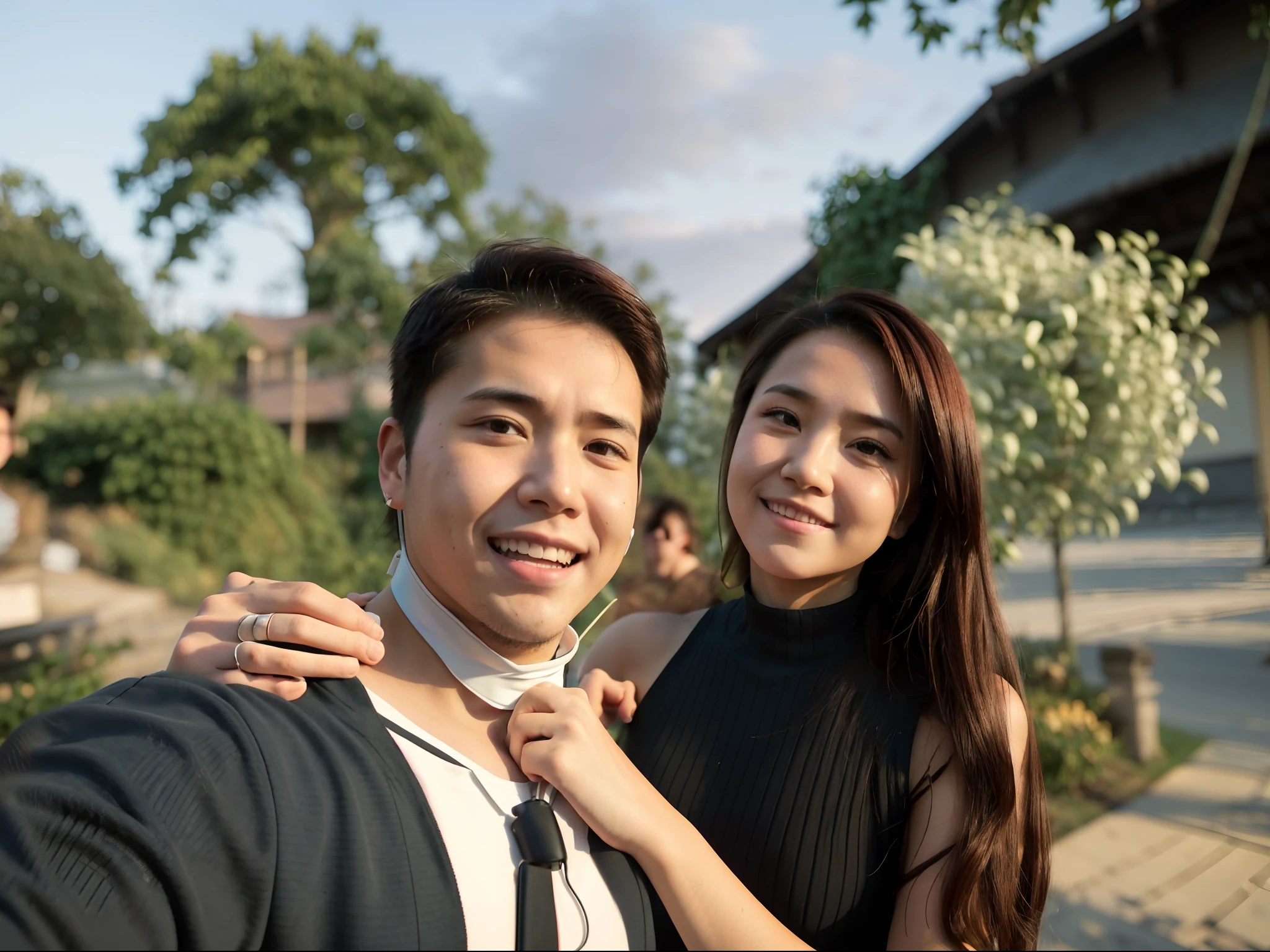 They're posing for a photo with a guy with a neck brace., 8k selfie photograph, couple, lovely couple, 😭 🤮 💕 🎀, Shot in Go Pro Hero8, Tyler Edlin and Natasha Tan, With warts, with ivy, During sunset, With her long., profile portrait, Selfie in love, WPOL and Sarasti, Selfie