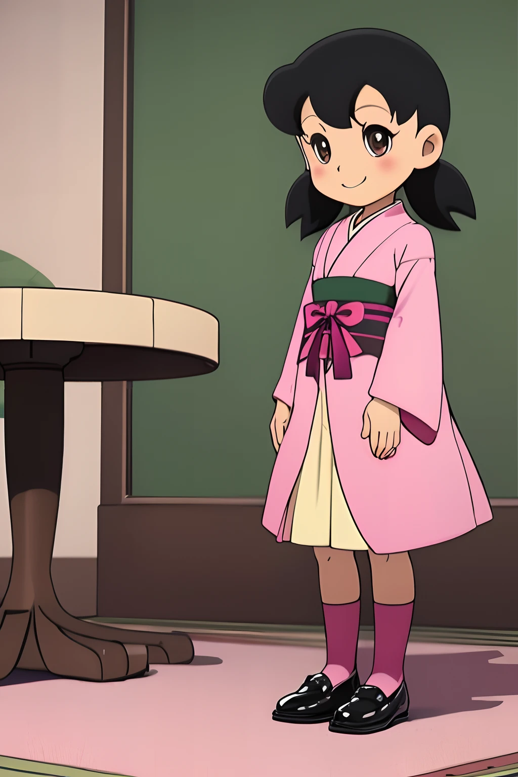 solo, 1 shizuka, Smile. (cartoon styler:1.3). sfw. Beautifully decorated hotel, standing between two round tables, from the Victorian era, (short girl. shord legs, thick waist), elegant, soft and serene face. shizuk, black hair, short hair, (short twin tails behind the ears), round eyes, one long eyelash in each eye, full body (including legs and shoes), medium breasts, gorgeous, kimono, short-legged girls, no waist, (shizuk hair:1.3)