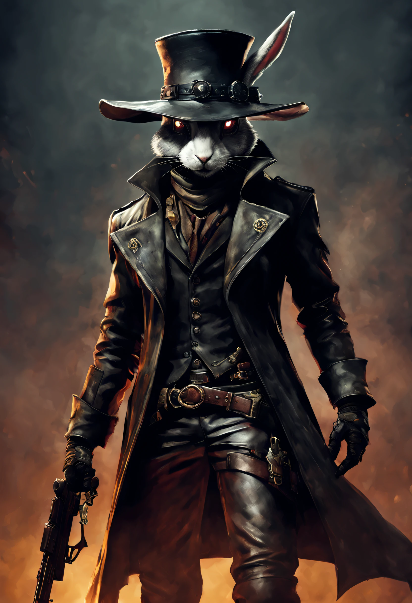 Photo by Alfid Rabbit,He wears a gun in his hat,leather pant, Bloodborne portraits, After - the apocalyptic cowboy violent bunny, dark fantasy character design, Stylized urban fantasy artwork, Powerful violent bunny, the plague doctor, Portrait of the Old Necromancer Mage, trends in art station, cyberpunk wild west, grimdark steampunk fantasy, Rabbit Gunner
