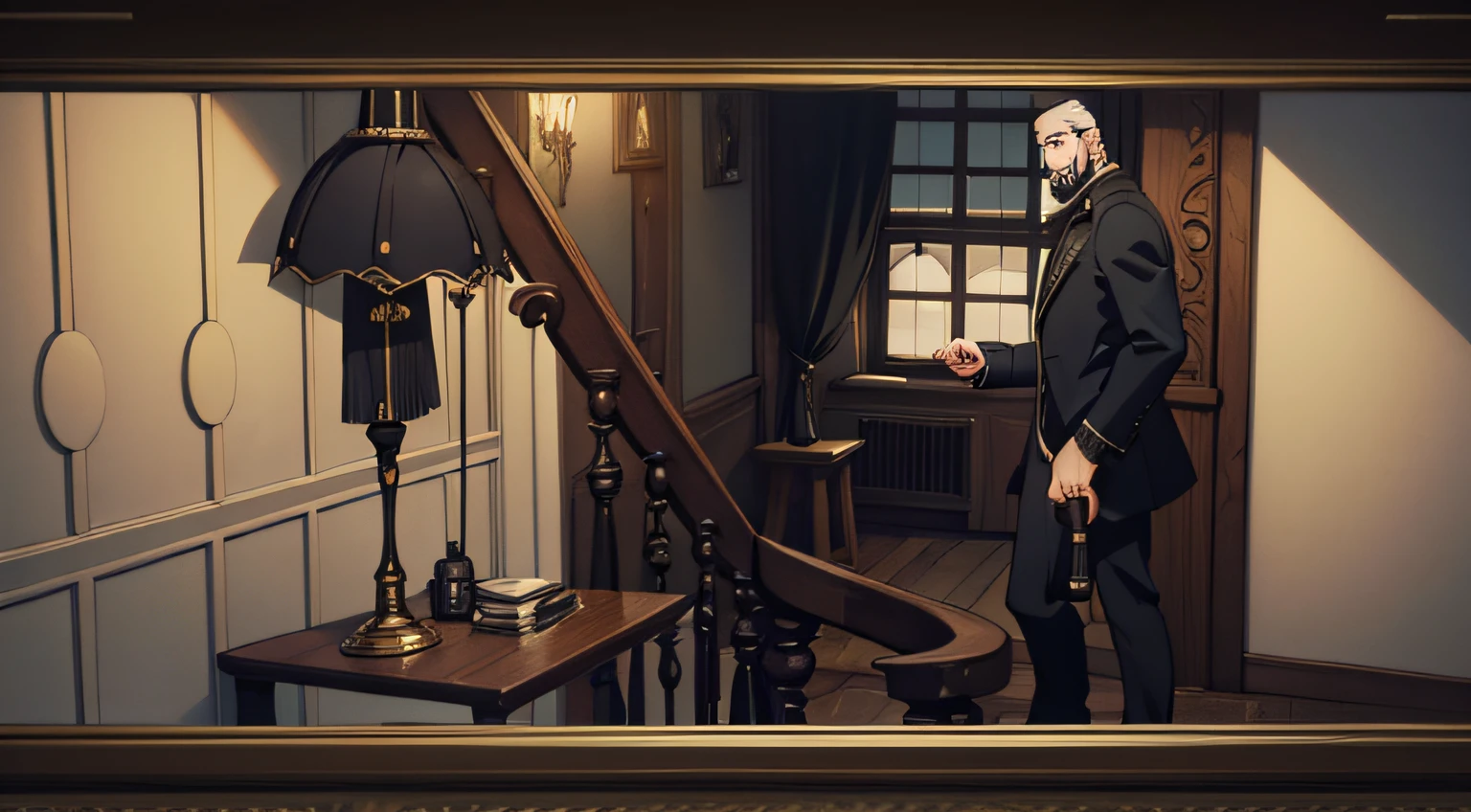Man in Victorian coat, victorian style, Gray hair and beard, In his right hand he holds a cane, moves from one room to another, In the foreground there is a staircase with a railing to the second floor