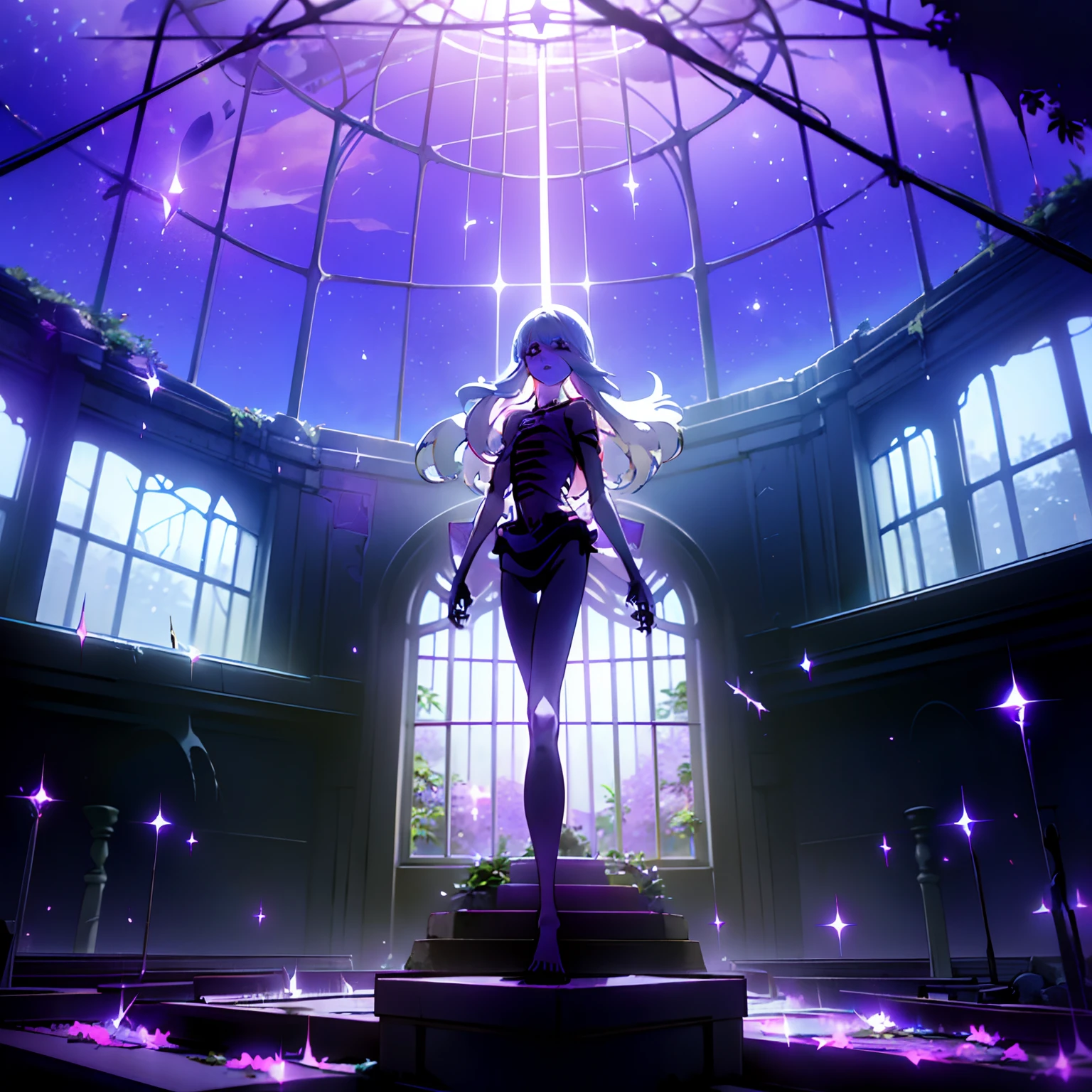 ((Masterpiece, dull coloring, dark lighting, solo, full body, night, stars)), anime girl floating above the ground, slouched, neutral pose, cute face, ((white hair, long hair, wispy hair, white skin, thin body, slim body, skeleton body, bones, white bones, ribcage, skeleton torso)), long hair, ((purple eyes, purple sparkles)), straight hair, bangs, eye bags, black eyeliner, (ruins, rubble, abandoned wood buildings, outdoors, windows, light beams through windows, floating dust particles, plants, overgrown, post apocalyptic, planetarium), ((cracked windows, cracked glass))