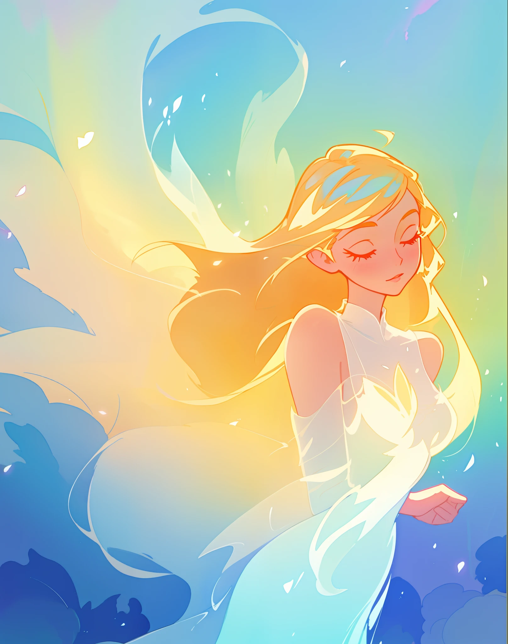 beautiful girl in white dress, fairy dress, long golden hair, watercolor illustration, inspired by Glen Keane, inspired by Lois van Baarle, disney art style, by Lois van Baarle, glowing aura around her, by Glen Keane, jen bartel, glowing lights! digital painting, flowing glowing hair, glowing flowing hair, beautiful digital illustration, fantasia otherworldly landscape plants flowers, beautiful, masterpiece, best quality, anime disney style