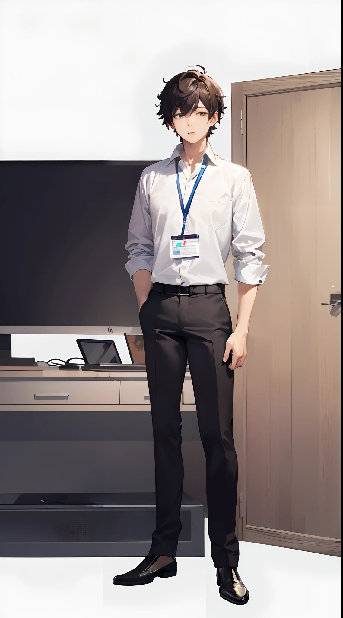 Anime Character Design Drawings。Full body image of a male office worker。Height 160cm。Natural perm hair。white backgrounid。deadpan(Best Quality, Clear image quality、hight resolution, 4K image quality)