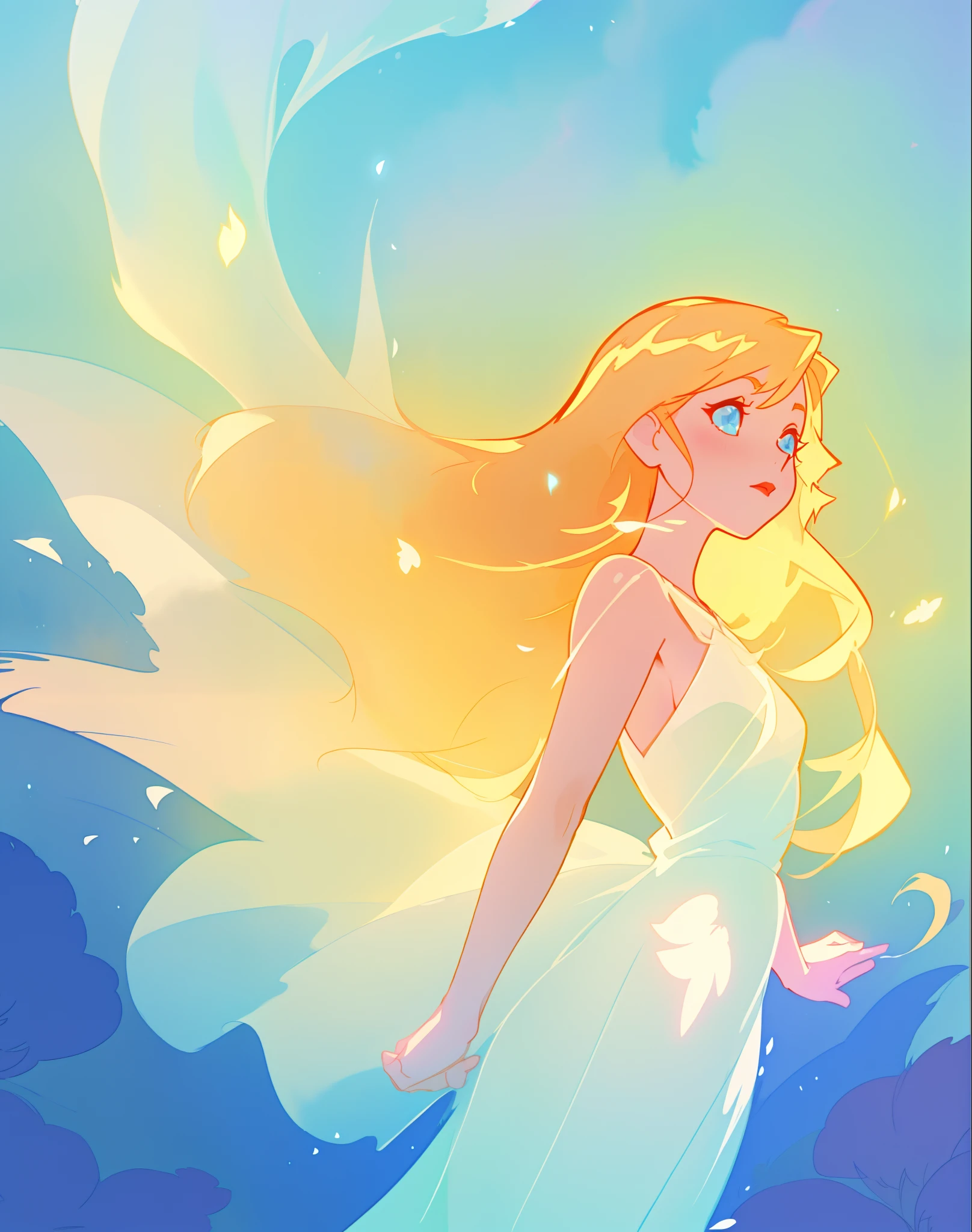 beautiful girl in white dress, fairy dress, long golden hair, watercolor illustration, inspired by Glen Keane, inspired by Lois van Baarle, disney art style, by Lois van Baarle, glowing aura around her, by Glen Keane, jen bartel, glowing lights! digital painting, flowing glowing hair, glowing flowing hair, beautiful digital illustration, fantasia otherworldly landscape plants flowers, beautiful, masterpiece, best quality, anime disney style
