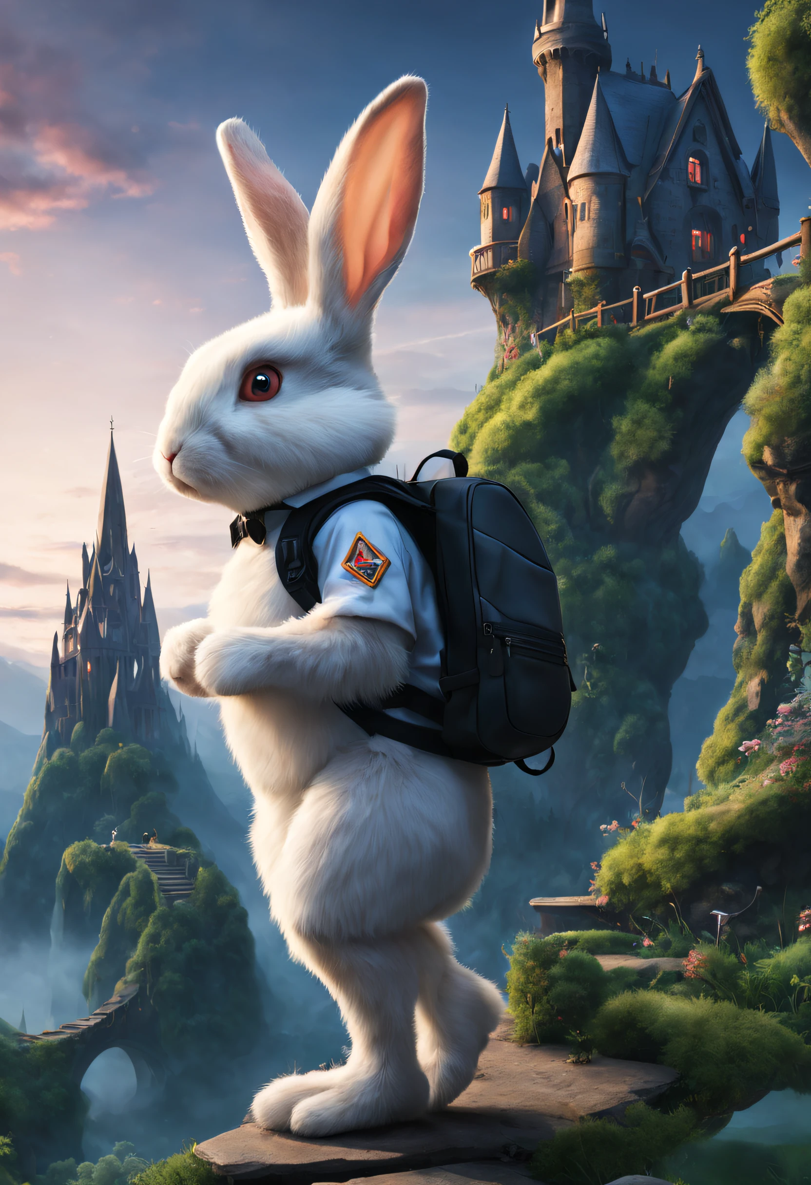 Future Crossing Rabbit,Bunny backpack,Magic Rabbit,Climb dangerous peaks,Explore the Gothic Mystery Garden,Rabbit crossing,Futuristic rabbit,High-tech scene,There is a world of magic