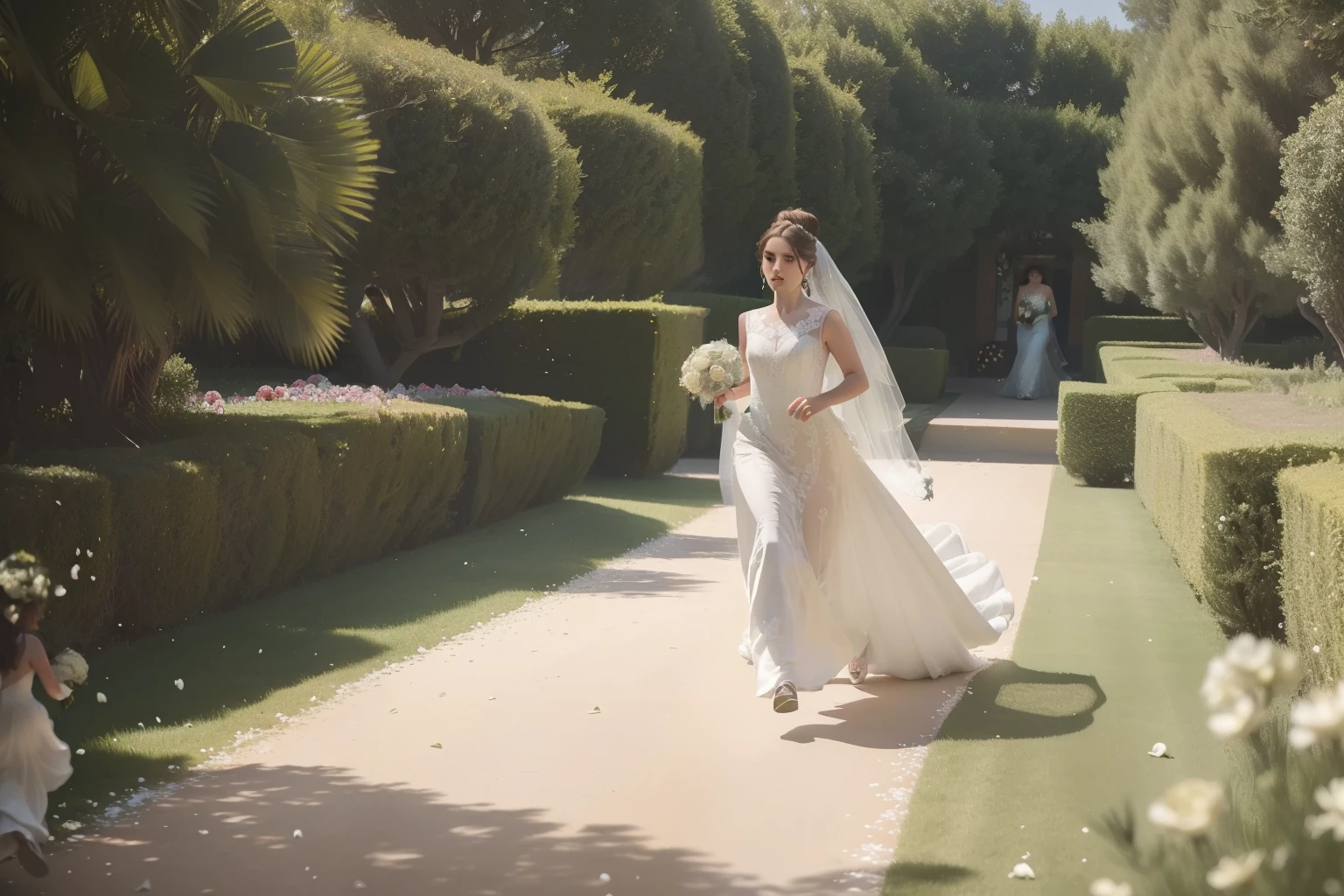 year: 2023. Location: Madrid. Pre-Raphaelite scene with a 32-year-old Macarena Garcia, running away, ((escaping)), ((running fast)), villa's garden, ((((wedding dress from the 2020s)))) ((Hairstyle of the 2020s, low bun)), ((("OMITB" cinematography)))