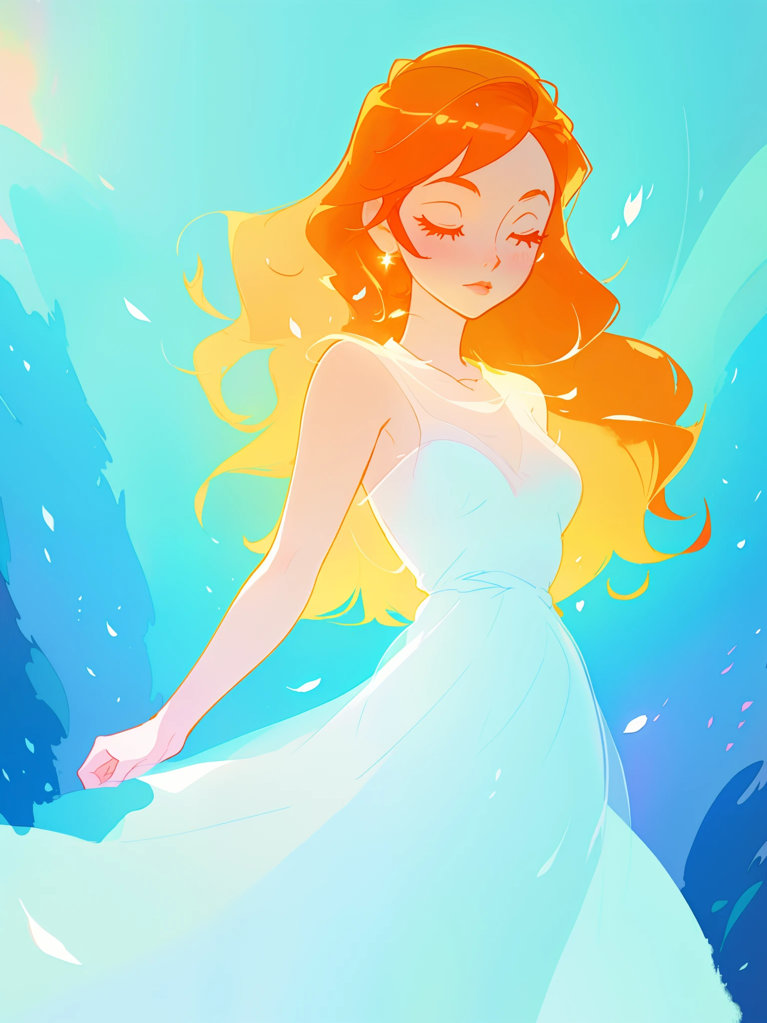 beautiful girl in white dress, fairy dress, long wavy golden red hair, watercolor illustration, inspired by Glen Keane, inspired by Lois van Baarle, disney art style, by Lois van Baarle, glowing aura around her, by Glen Keane, jen bartel, glowing lights! digital painting, flowing glowing hair, glowing flowing hair, beautiful digital illustration, fantasia otherworldly landscape plants flowers, beautiful, masterpiece, best quality, anime disney style