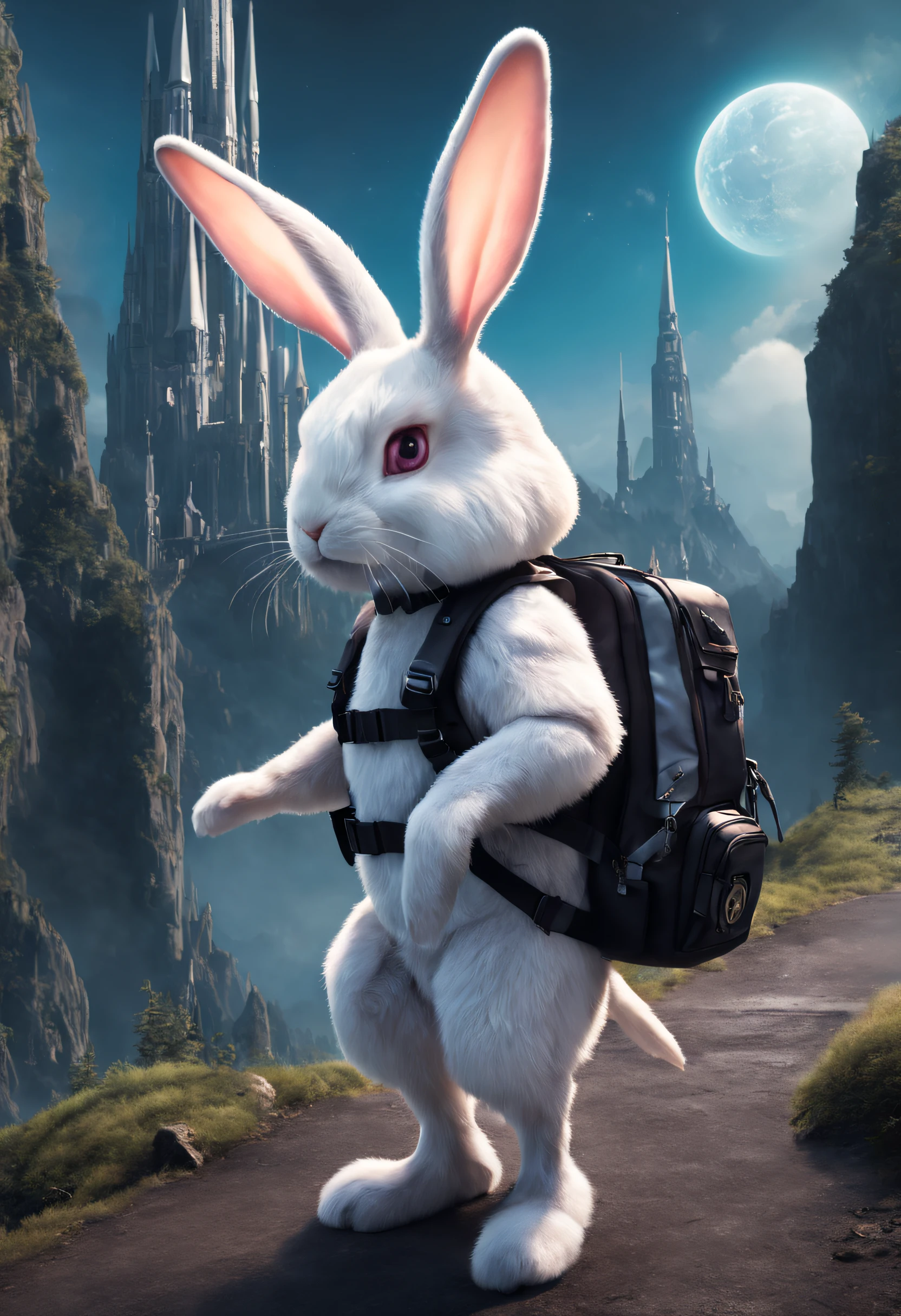 Future Crossing Rabbit,Bunny backpack,Magic Rabbit,Climb dangerous peaks,Explore the Gothic mystical space,Rabbit crossing,Futuristic rabbit,High-tech scene,There is a world of magic