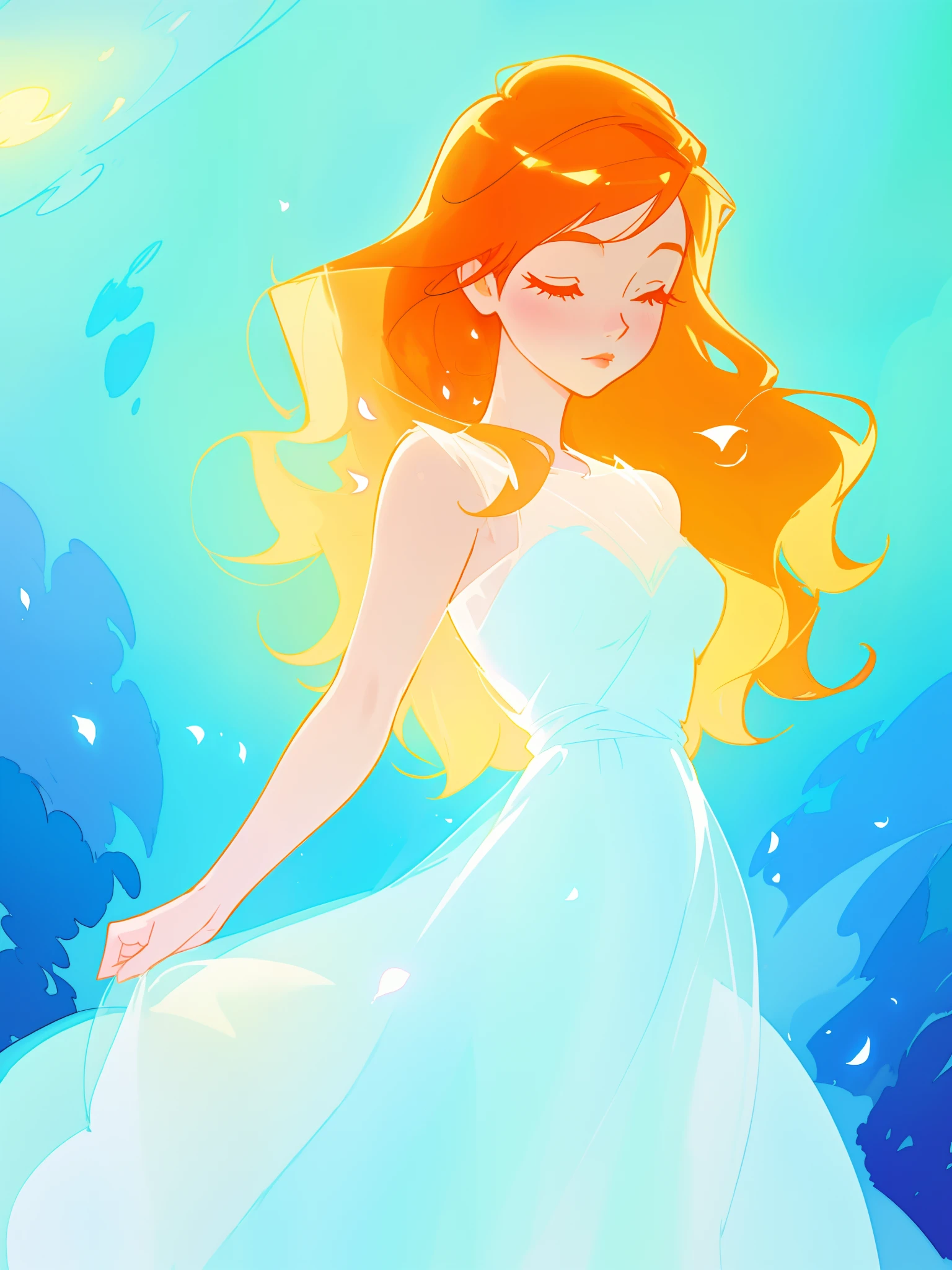 beautiful girl in white dress, fairy dress, long wavy golden red hair, watercolor illustration, inspired by Glen Keane, inspired by Lois van Baarle, disney art style, by Lois van Baarle, glowing aura around her, by Glen Keane, jen bartel, glowing lights! digital painting, flowing glowing hair, glowing flowing hair, beautiful digital illustration, fantasia otherworldly landscape plants flowers, beautiful, masterpiece, best quality, anime disney style